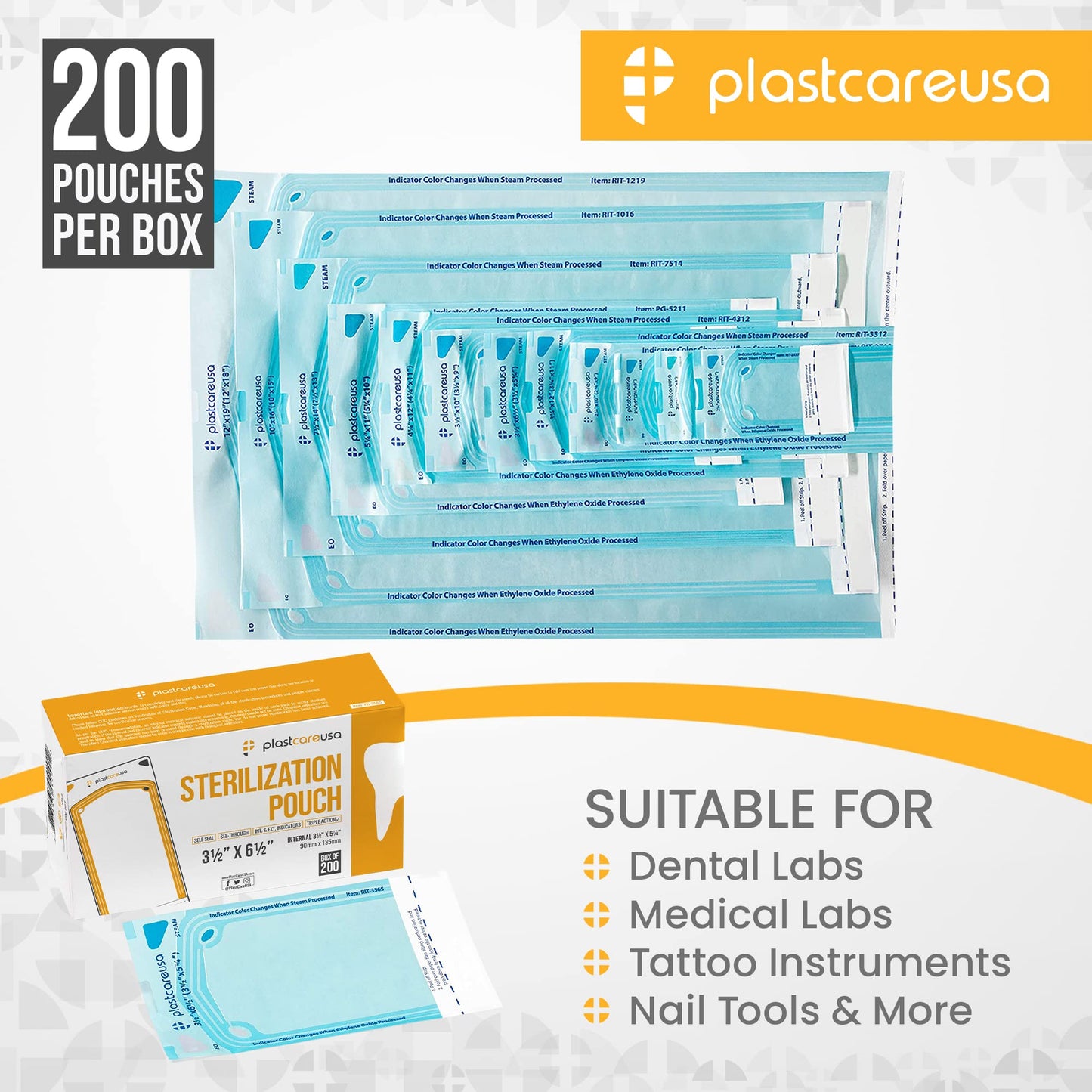 200 3.5 X 5.25 Self Sealing Sterilization Pouches - Autoclave Sterilizer Bags Pouch for Sterilizing Dental Medical Instruments & Cleaning Tools - Latex-Free, Color Changing Indicator by PlastCare USA