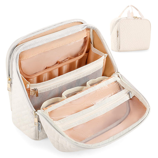 JOYYTUU Standing Makeup Bag, Large Capacity with Room for Brushes and Mirror, Travel Makeup Organizer, Portable Stand Up Make Up Case, Waterproof Cosmetic Toiletry Bags with Handle, Color Cream White