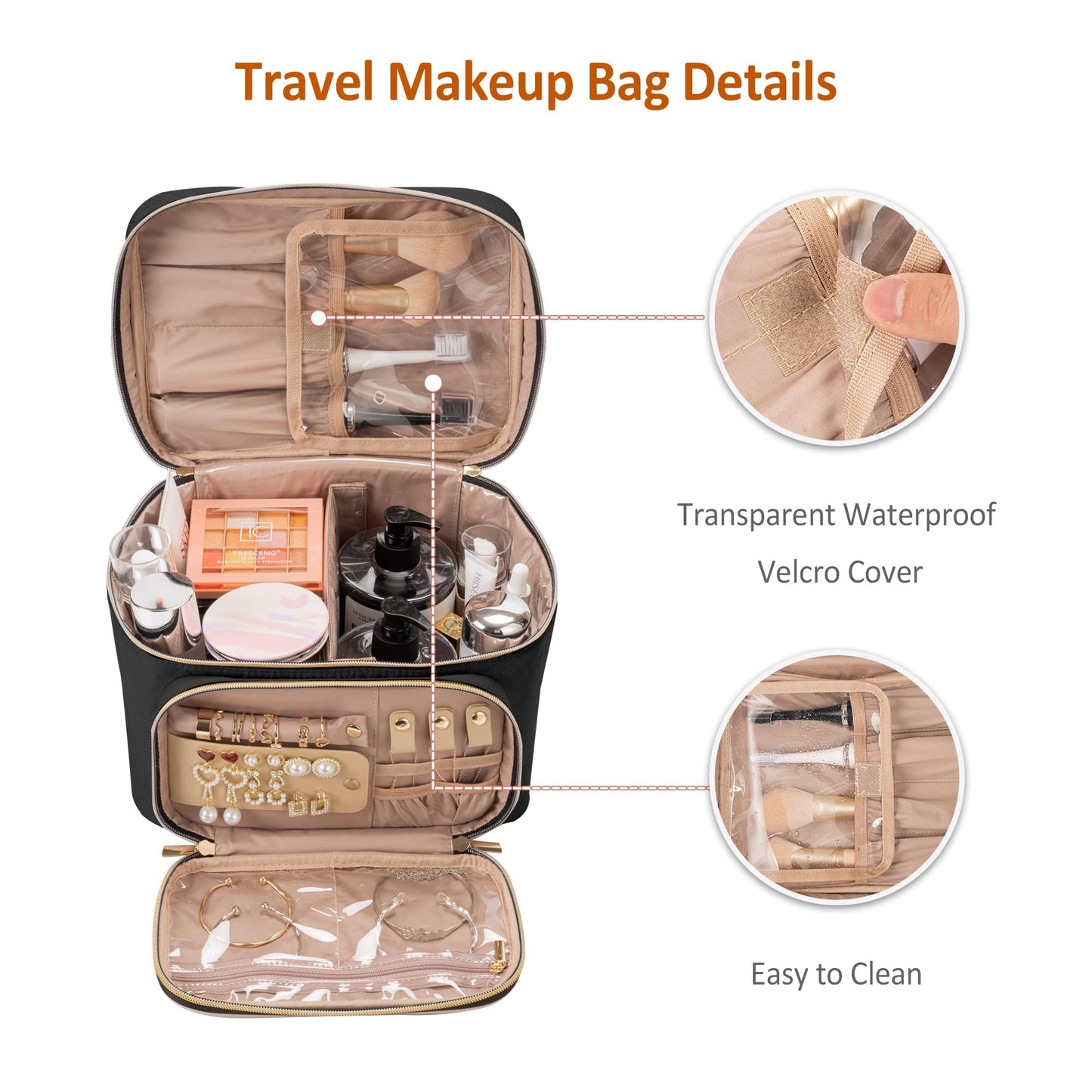 TBTOTRA Travel Makeup Bag with Jewelry Organizer, Large Cosmetic Case, Waterproof Toiletry Bag for Cosmetics, Brushes, and Tools, Black