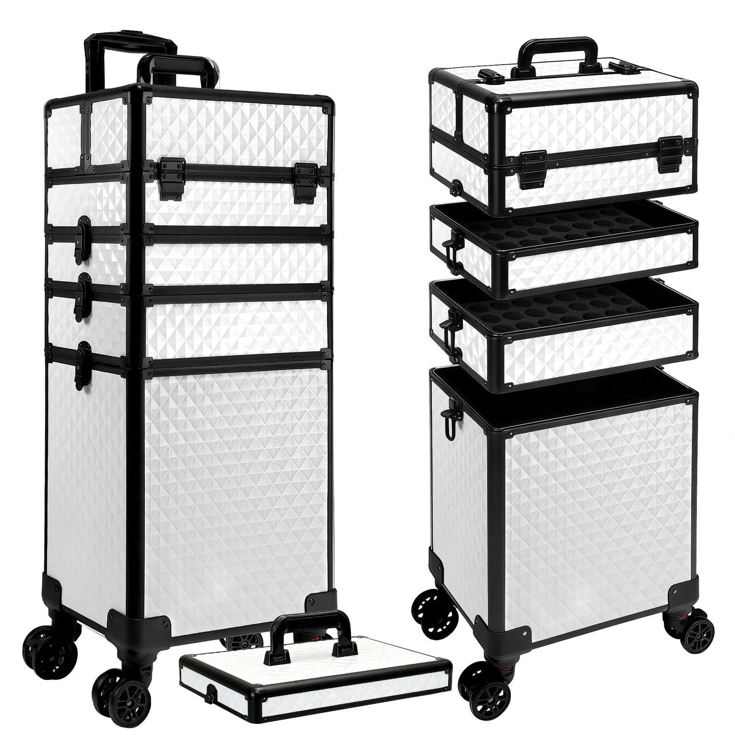 Buanson 5 in 1 Rolling Makeup Train Case on Wheels Large Cosmetic Organizer Travel Cart for Women Beauty Salon Barber Hairstylist White