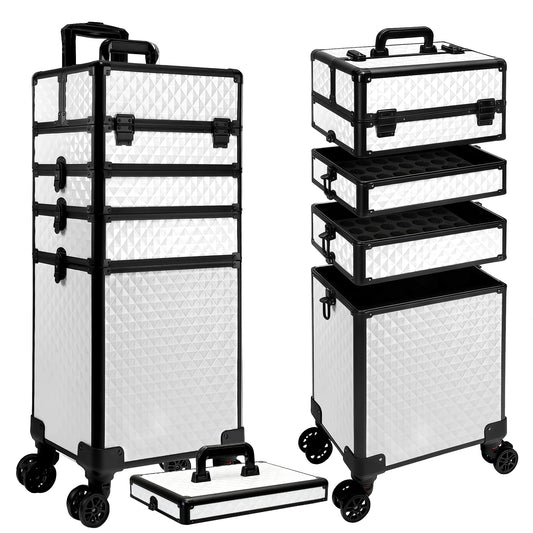 Buanson 5 in 1 Rolling Makeup Train Case on Wheels Large Cosmetic Organizer Travel Cart for Women Beauty Salon Barber Hairstylist White
