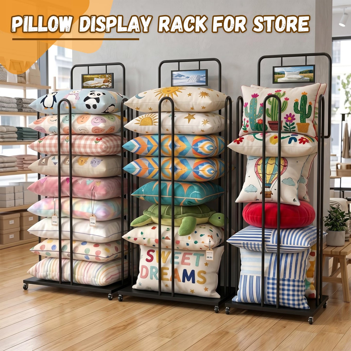 Rolling Pillow Storage Rack, Pillow Display Stand with Sign Holder, Metal Pillow Holder, Commercial Throw Pillow Rack, Cushion and Pillow Tower Storage Stand for Home, Retail, Malls, Hotels, Schools