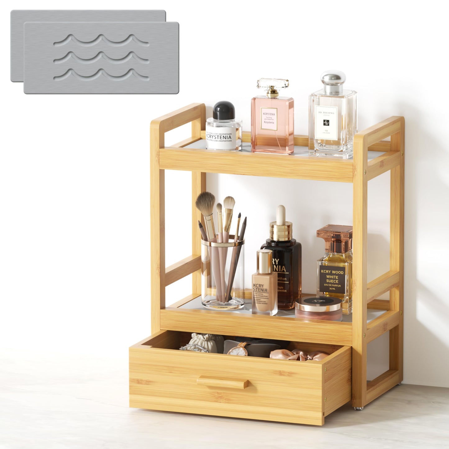 Bamboo Bathroom Countertop Organizer, 2 Tier Vanity Organizer with Drawer for Skincare & Makeup, Countertop Storage with Stone Drying Mat for Coffee Bar, Kitchen, Matcha Station