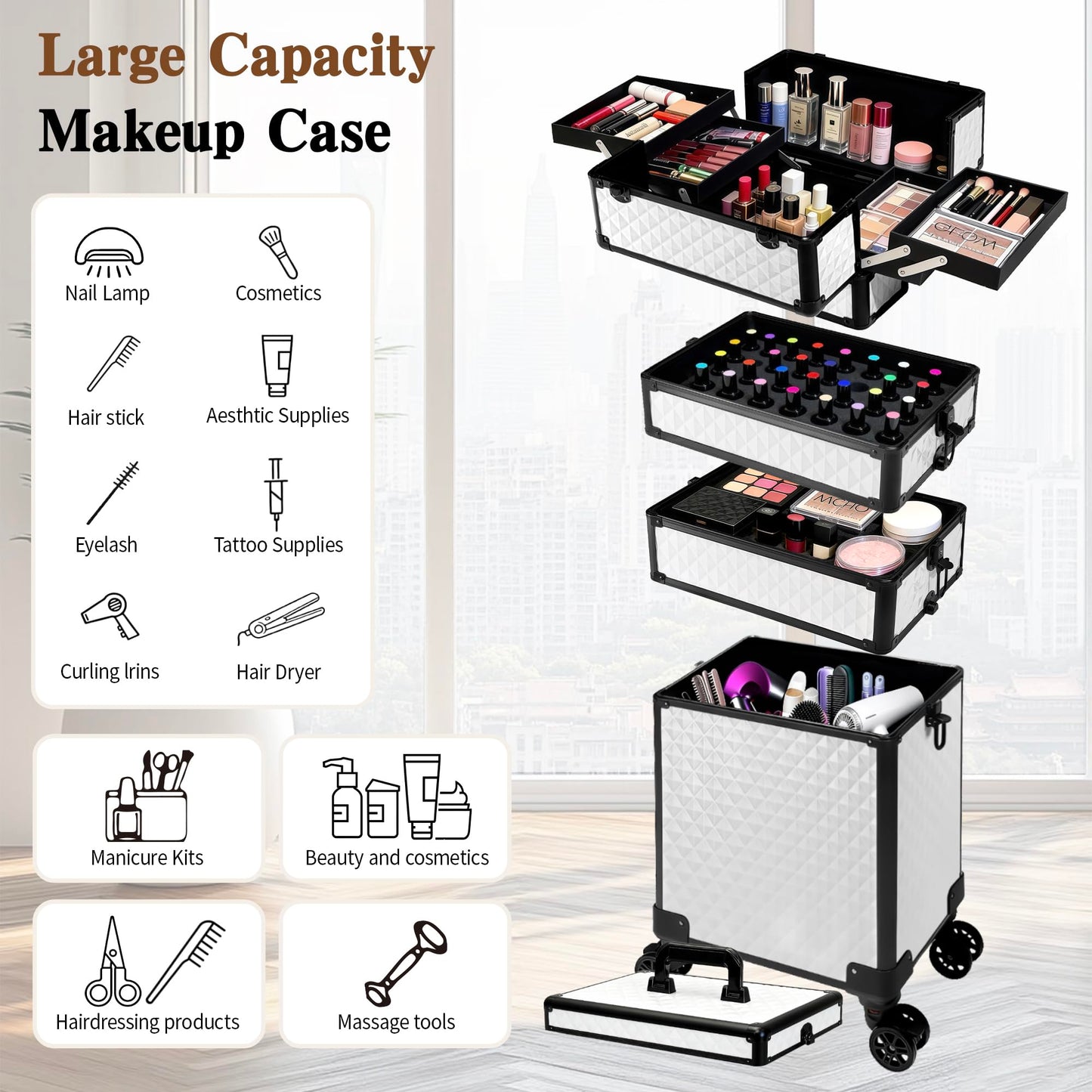 Buanson 5 in 1 Rolling Makeup Train Case on Wheels Large Cosmetic Organizer Travel Cart for Women Beauty Salon Barber Hairstylist White