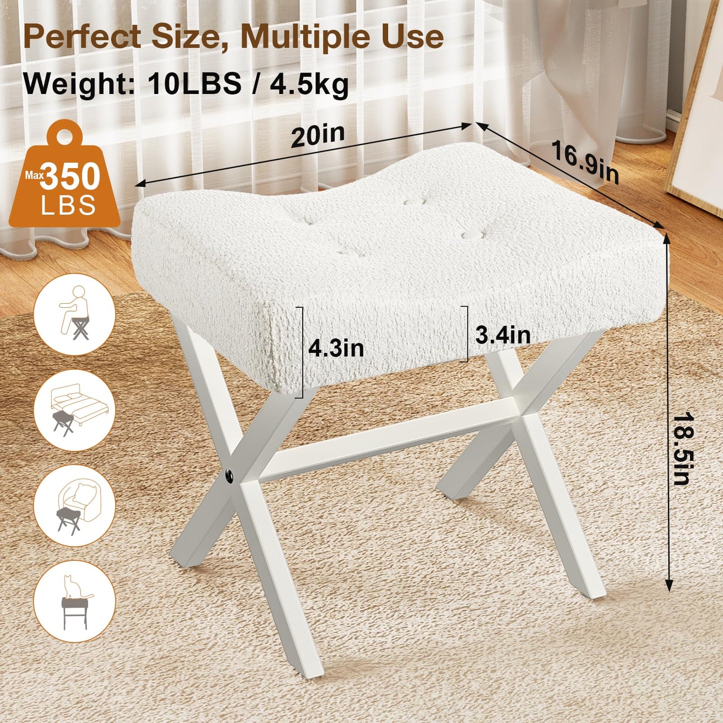 Memobarco 18-Inch Large Vanity Stool Chair, Vanity Bench with Metal X-Legs, Ottoman Accent Stool with Breathable and Soft Boucle Fabric Saddle Seat, White
