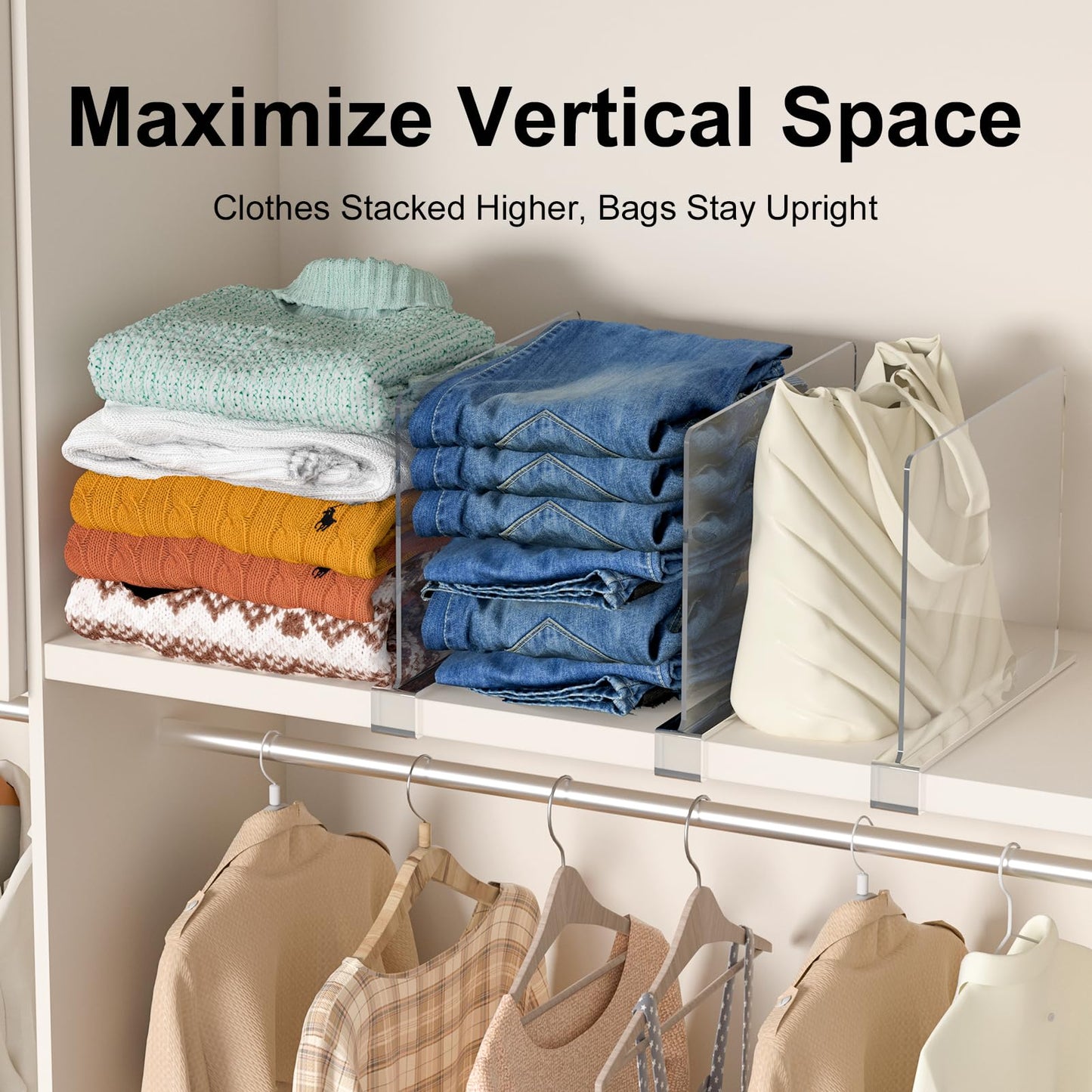 Saccik Purse Organizer for Closet Shelf Dividers: 8-Pack Adjustable Clear Acrylic Bag Storage Organizer for Handbags, Sweaters, Towels, Jeans and Shoes on Wood Shelves