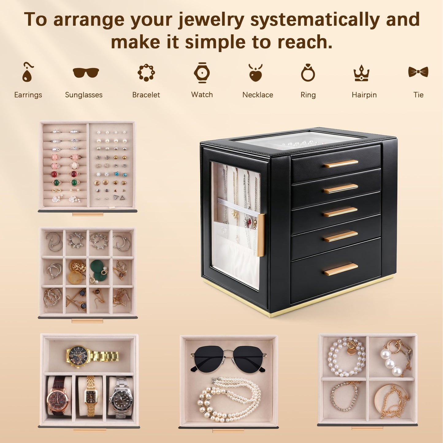 Homeanda Jewelry Box for Women with Glass Lid, 5 Drawers Jewelry Organizer and Storage for Necklaces, Rings, Earrings, Bracelets, Gift for Girls and Teens,PU Leather (Black)