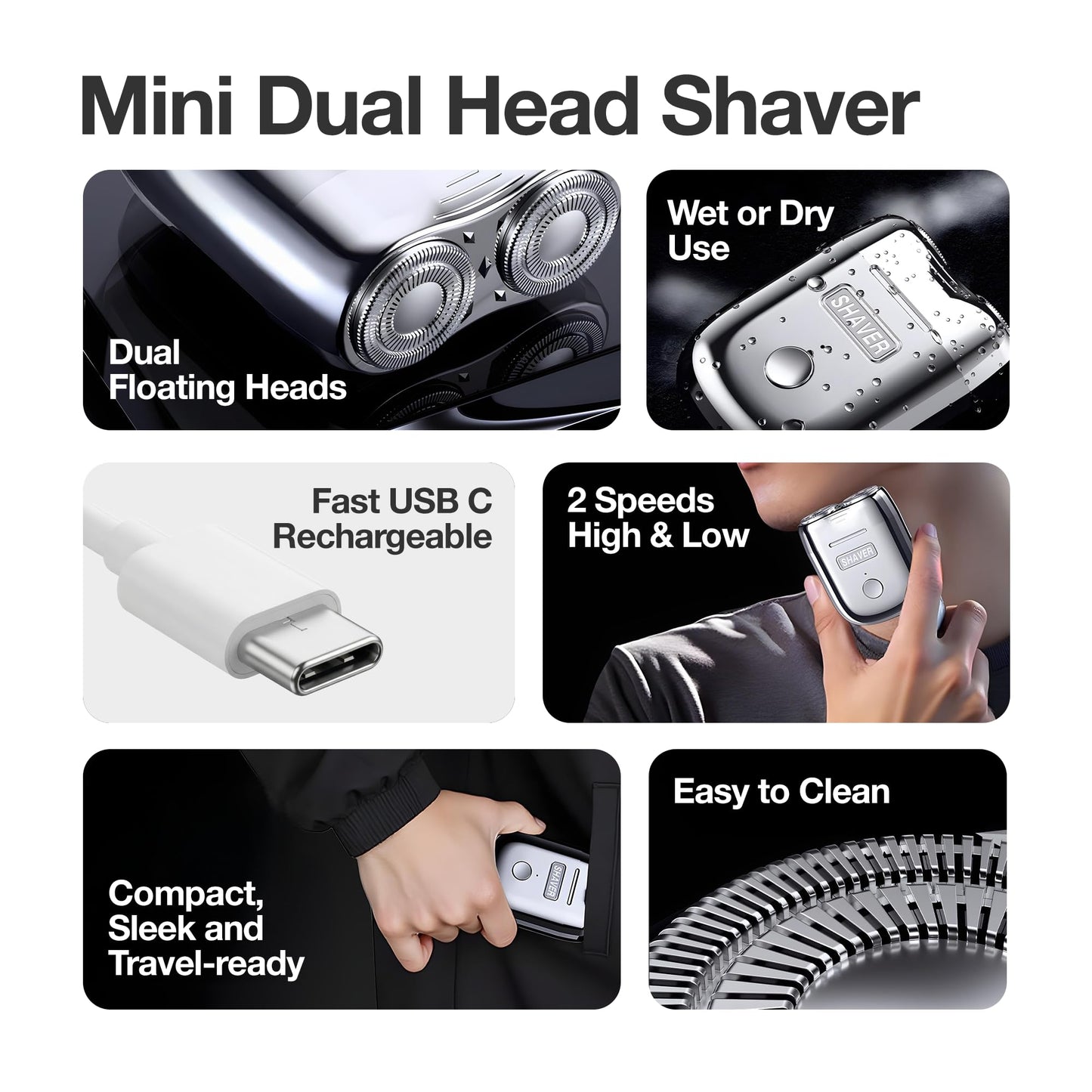 Onyx Shaver Mini Dual Head Rotary Electric Razor for Men, Portable Travel Groomer, USB-C Rechargeable Wet & Dry, Compact Pocket Size, Dual Speed, Detachable Easy Clean Head