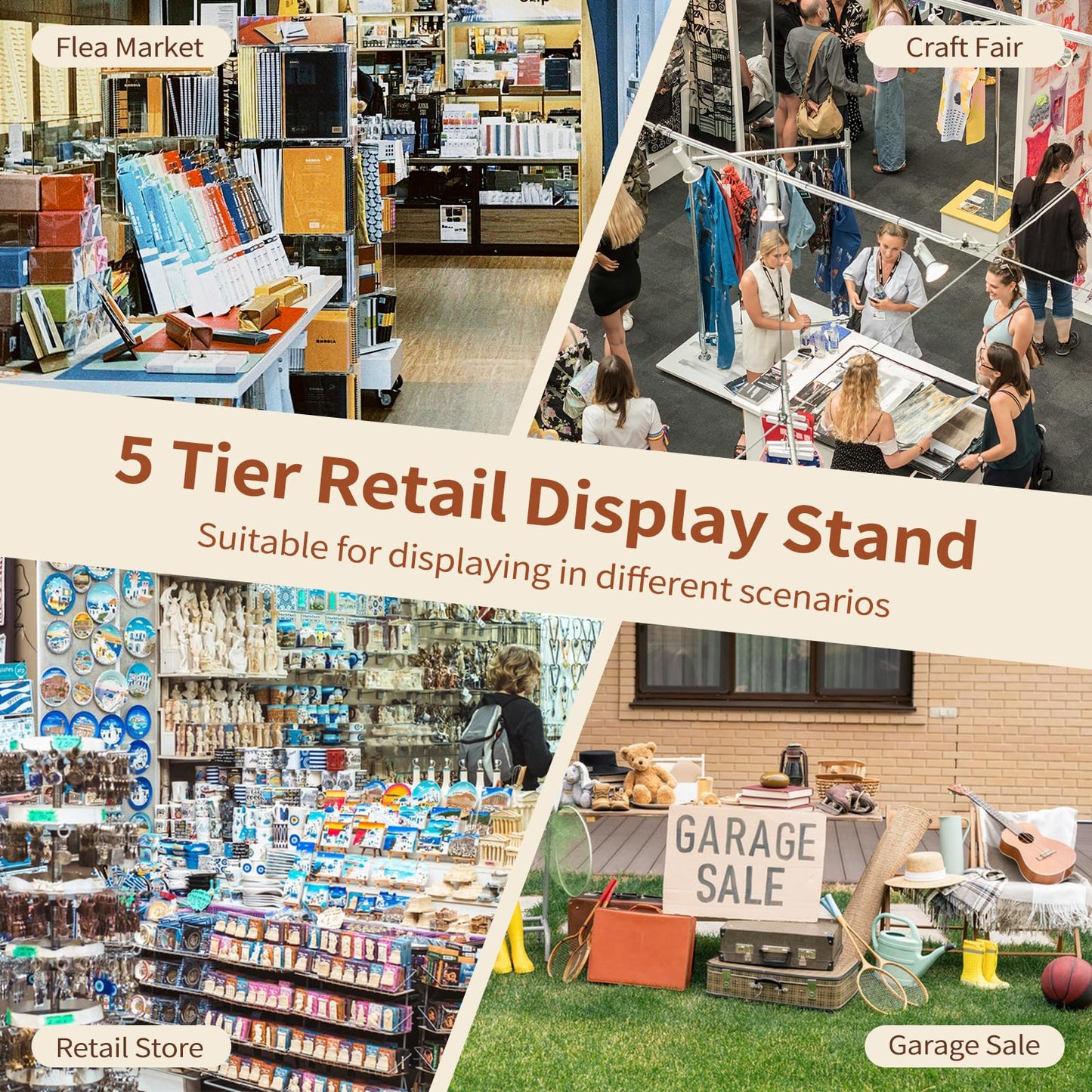 Flenpptly Retail Display Stand, 5-Tier Rotating Display Rack for Store Display, Movable and Adjustable Spinning Display Stand for Earrings, Jewelry, Keychains, Socks Display (Black)