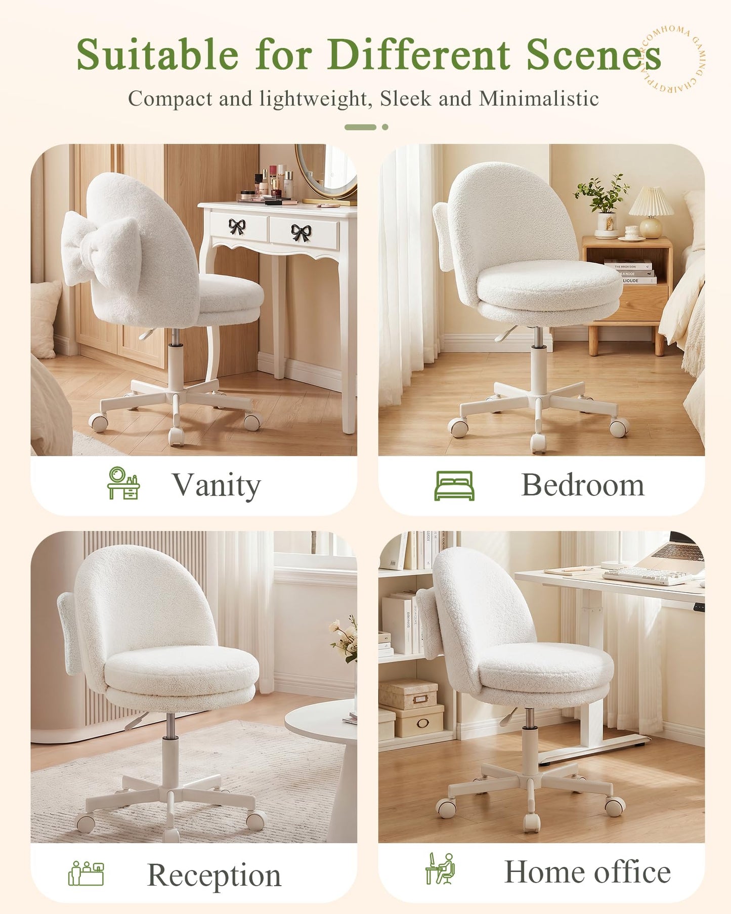 GTPOFFICE Vanity Chair with Back, Adjustable Tall Office Chair High Swivel Bar Stools Fluffy Cute Desk Chair Comfy with Wheels Bow Pillow Armlees for Adults Standing Desk Bar, Teddy Velvet, White