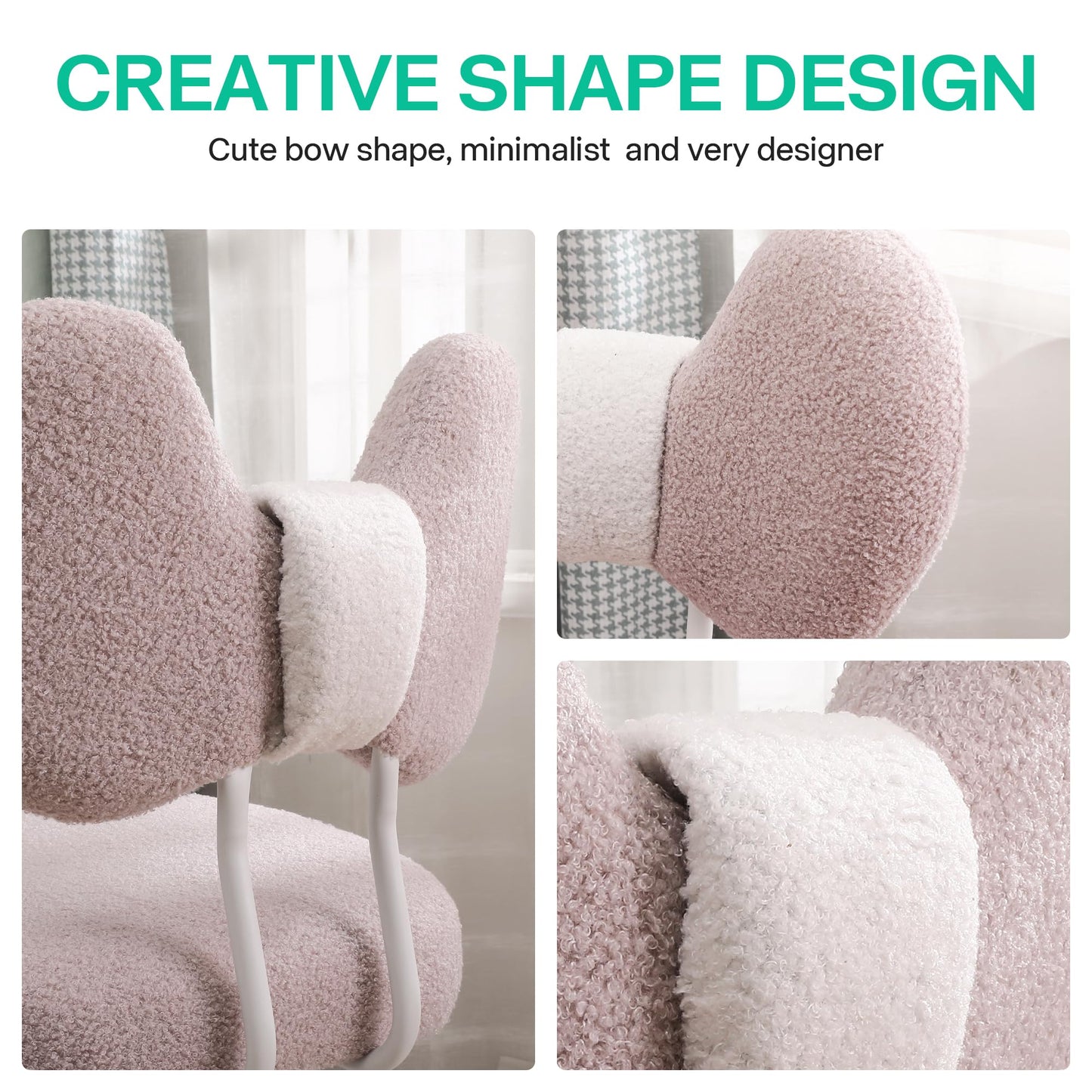 Shiepu Cute Desk Chair with Back,Comfy Small Office Chair with Wheels, Armless Adjustable Rolling Swivel Computer Chair for Home Office,Make-up Room,Bedroom,Vanity Chair for Girls,Teddy Velve,Pink