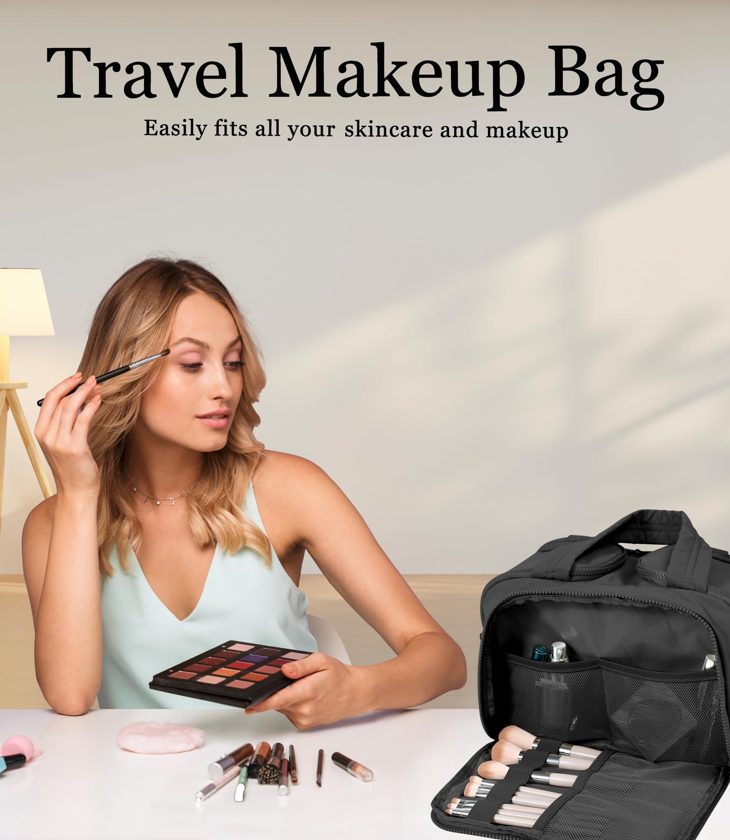 BUZFOWU Travel Toiletry Bag for Women, Large Wide-open Puffy Cosmetic Makeup Bag with Wet-Dry Separation, Multi-Pocket Organizer with Carry Handle for Toiletries, Cosmetics, Essentials, Black