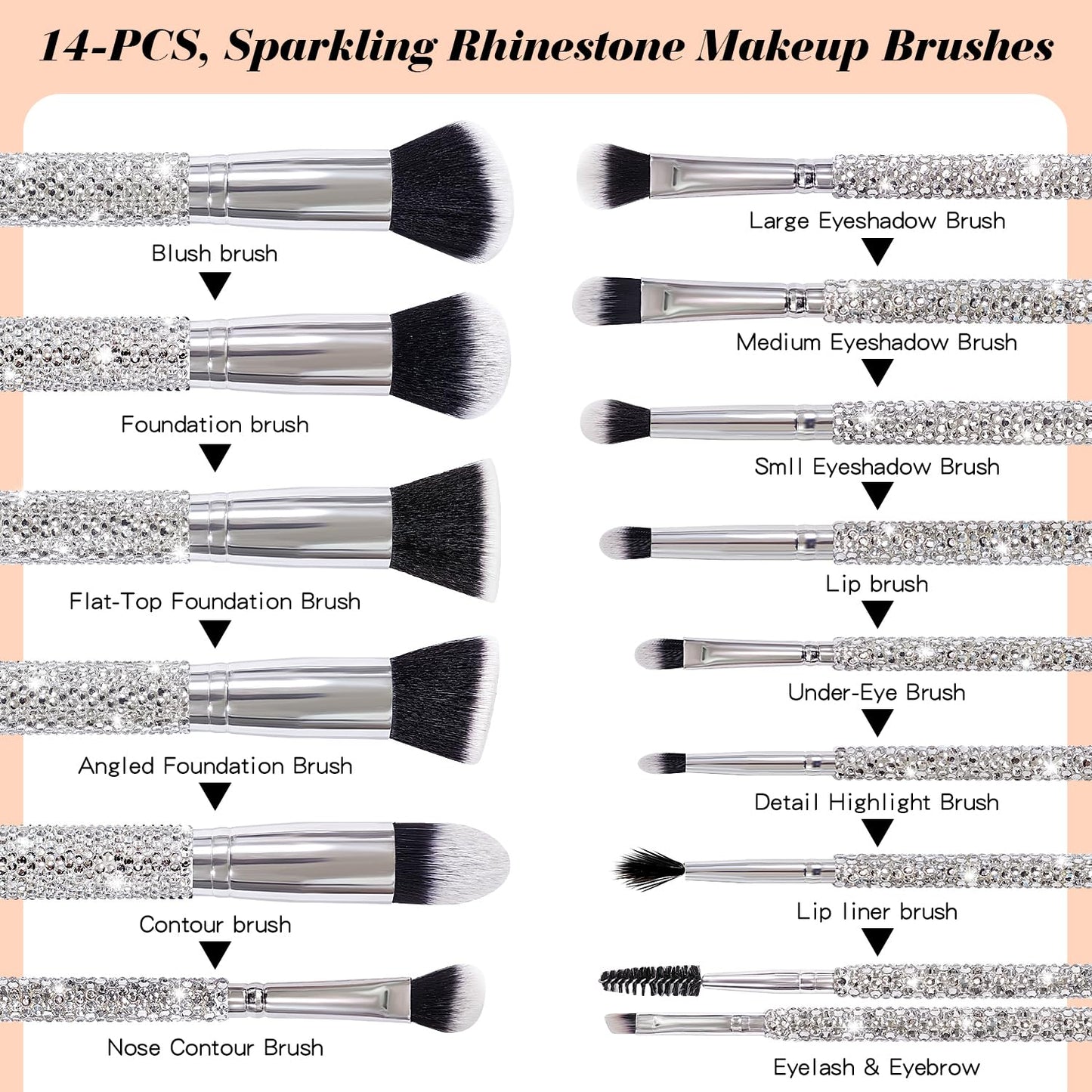 Yivaiks 14 Pcs Silver Bling Makeup Brushes Set Ultra Soft Professional Face Crystal Cosmetics Powder Concealer Eye Shadows Make Up Beauty Tool with Holder