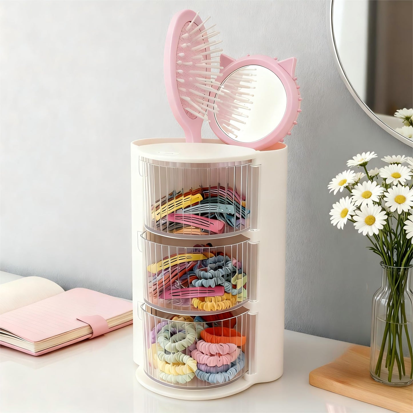 Hair Accessories Organizer with Hair Brush Holder, Rotatable Makeup Brush Holder for Necklaces, Earring, Bracelet, Ring, Makeup Brushes, Hair Clip and Hair Accessories (Stripe White, 3-Layer)