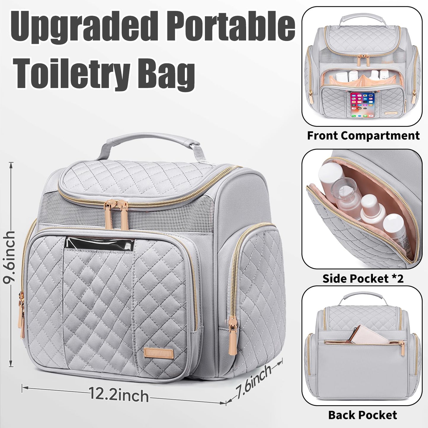 Large Toiletry Bag for Women Men,Bathroom Bag,Water Resistant Shower Bag,Makeup Bag,Toiletry Bags for Traveling,Hanging Toiletry Bag with Transparent Waterproof Phone Pocket (Light Gray)