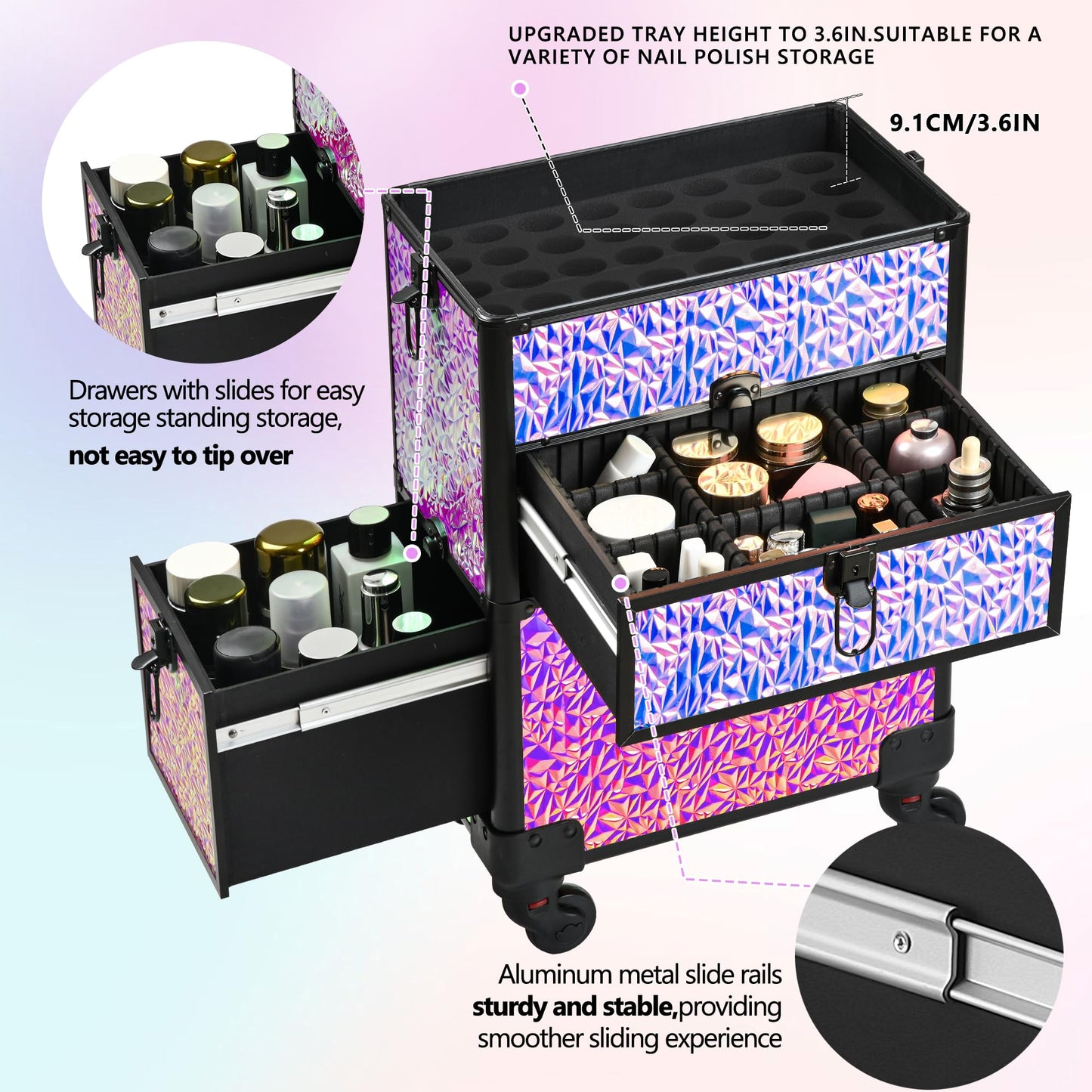 GALHUBIS Makeup Train Case with Drawer, Rolling Makeup Case, Cosmetology Case on Wheels, Gift, Large Makeup Case Organizers, Professional for Salon Barber, Nail, Tattoo, Black Colourful