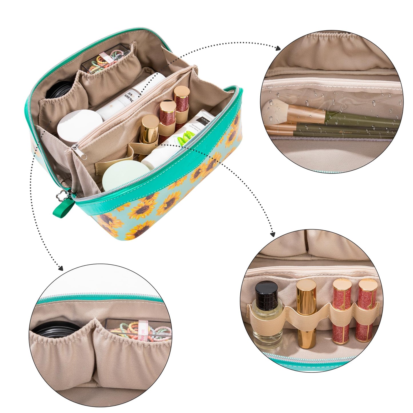 Mrsdry Travel Makeup Bag，Large-capacity waterproof cosmetic bag，Travel bags and toiletries bags for women，PU leather material，Multi-zone and large opening design (Sunflower)