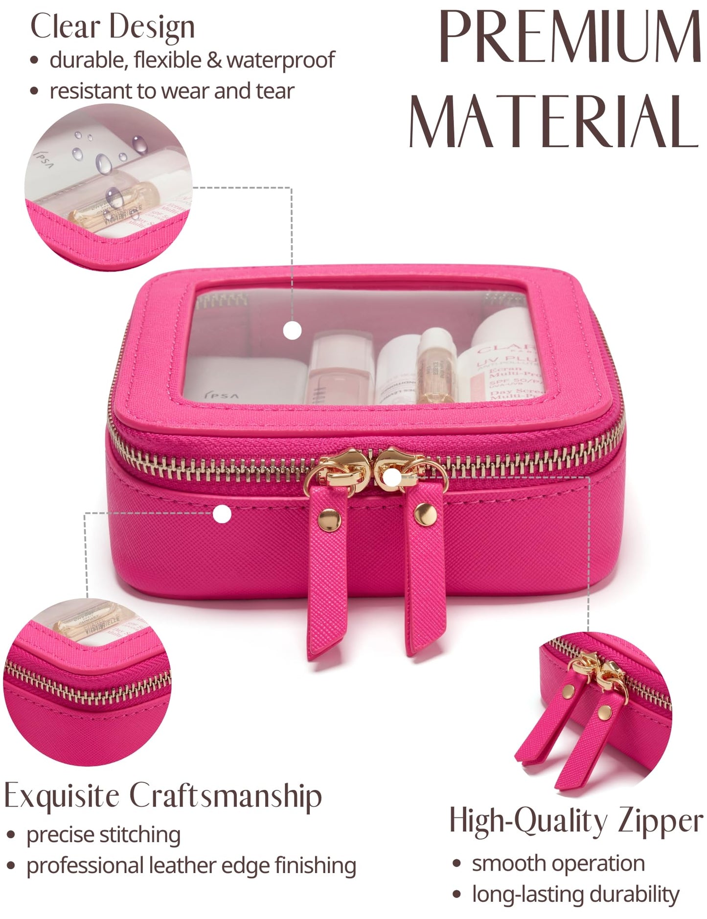 Popvibe Mini Makeup Bag Clear Small Travel Cosmetic Case Leather Cute Hot Pink Pouch for Purse Organizer Make Up Bag for Women Car Toiletry Bag with Zipper for School