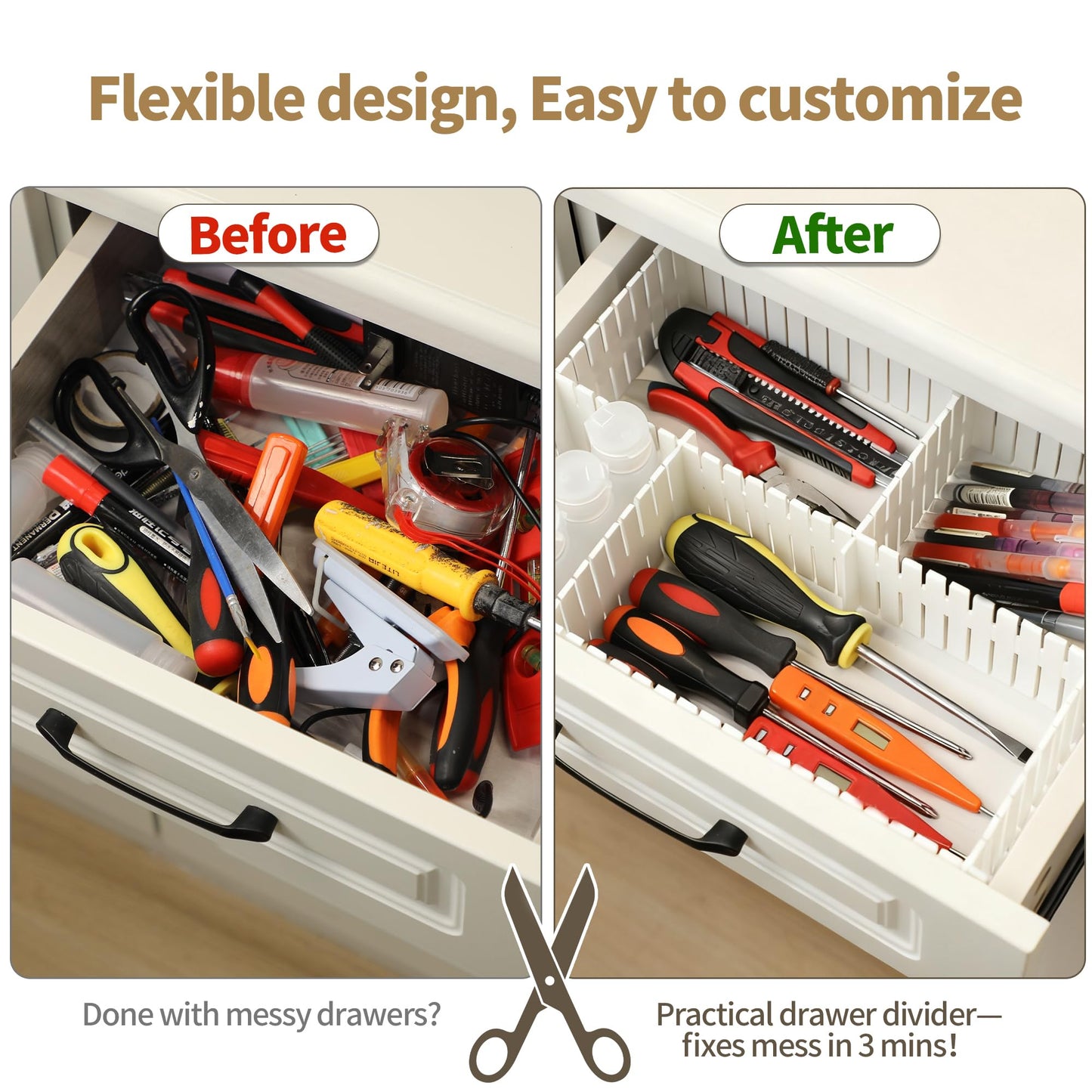 Bofoho Drawer Divider Adjustable Diy Storage Organizer Separator for Tidying Clutter Cutlery Makeup Clothes of Dresses, Desk & Box in Kitchen Bathroom Bedroom Office (Cut at Will) (White 32PCS)