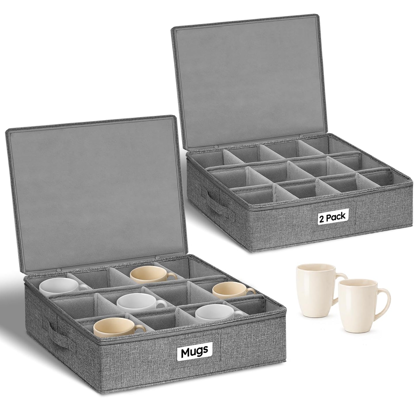 Cirhy Mug Storage Organizer, Hard Shell Coffee & Teacup Storage Box with 12 Padded Compartments, Stackable Portable Cup Storage Organizer for Holiday, Seasonal & Moving Use, 2-Pack, Grey