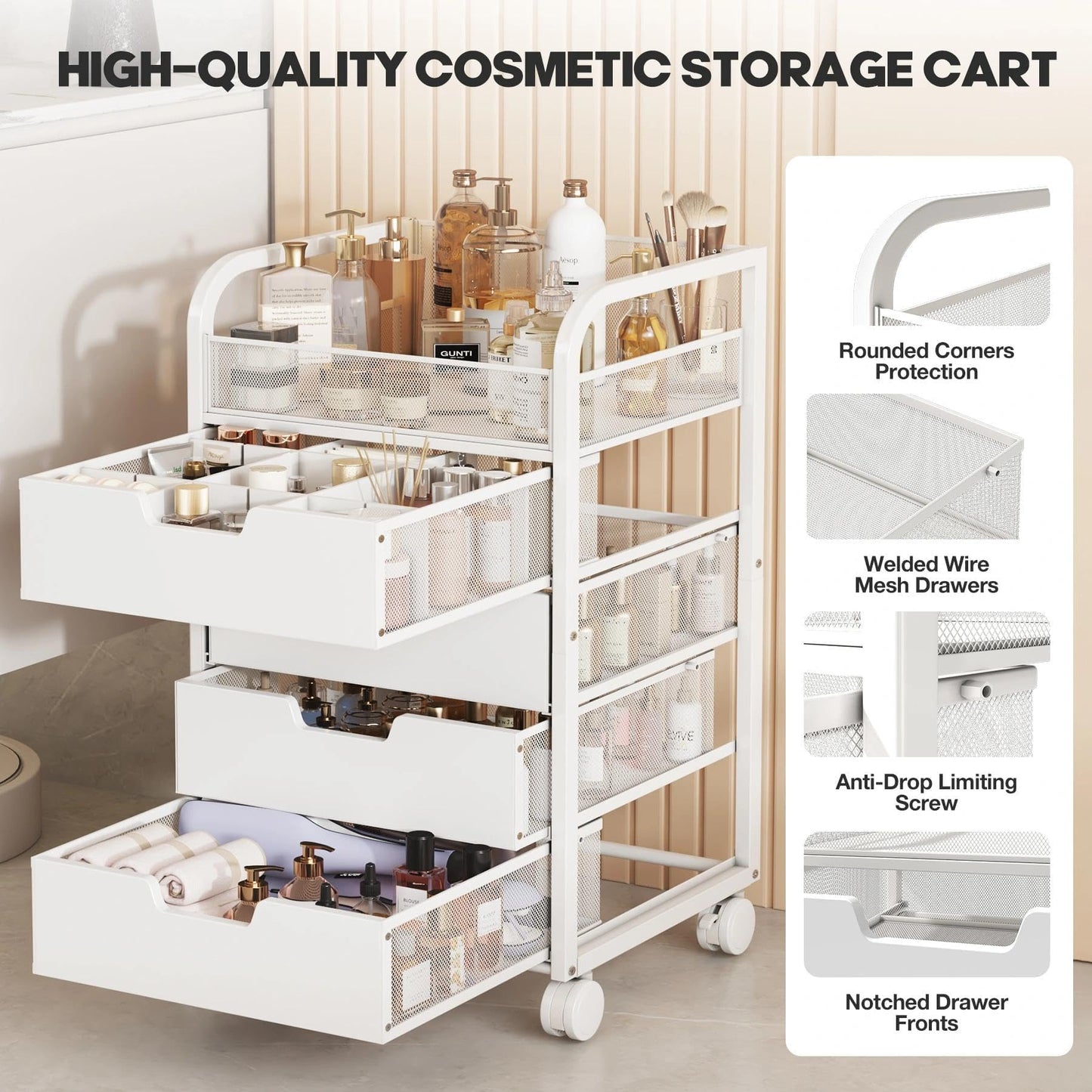 SEFILENCE Makeup Organizer Cart with 4 Drawers, Vanity Storage Drawer Carts with Dividers, Nail Cart Organizer Cosmetic Display Cases Cabinet for Skin Care, Nail Polish, Perfume, White