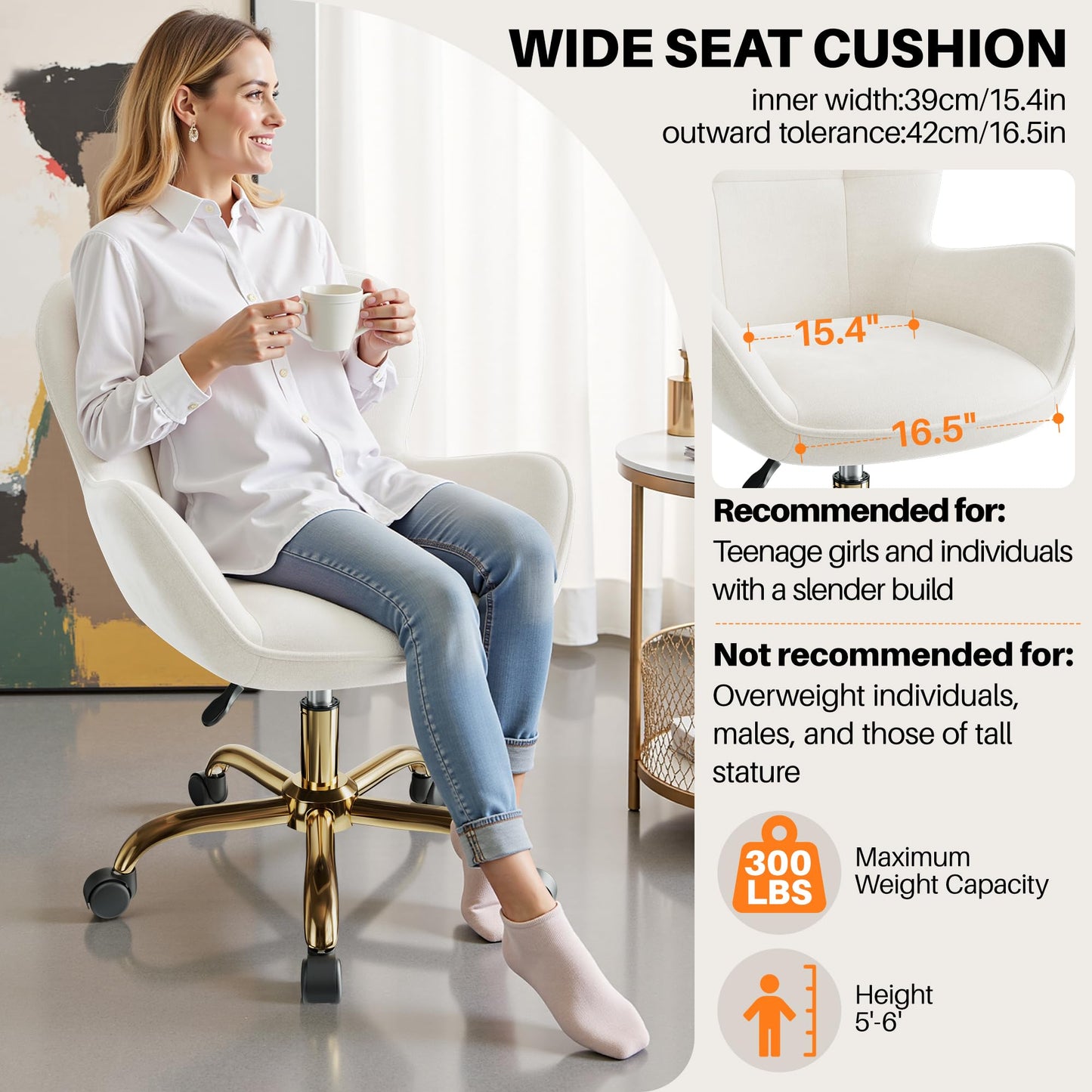 BestEra Vanity Chair with Wheels, Cute Home Office Desk Chairs Adjustable Height for Living Bedroom, Small Modern Fluffy Velvet Makeup Chair with Back for Girls (White)