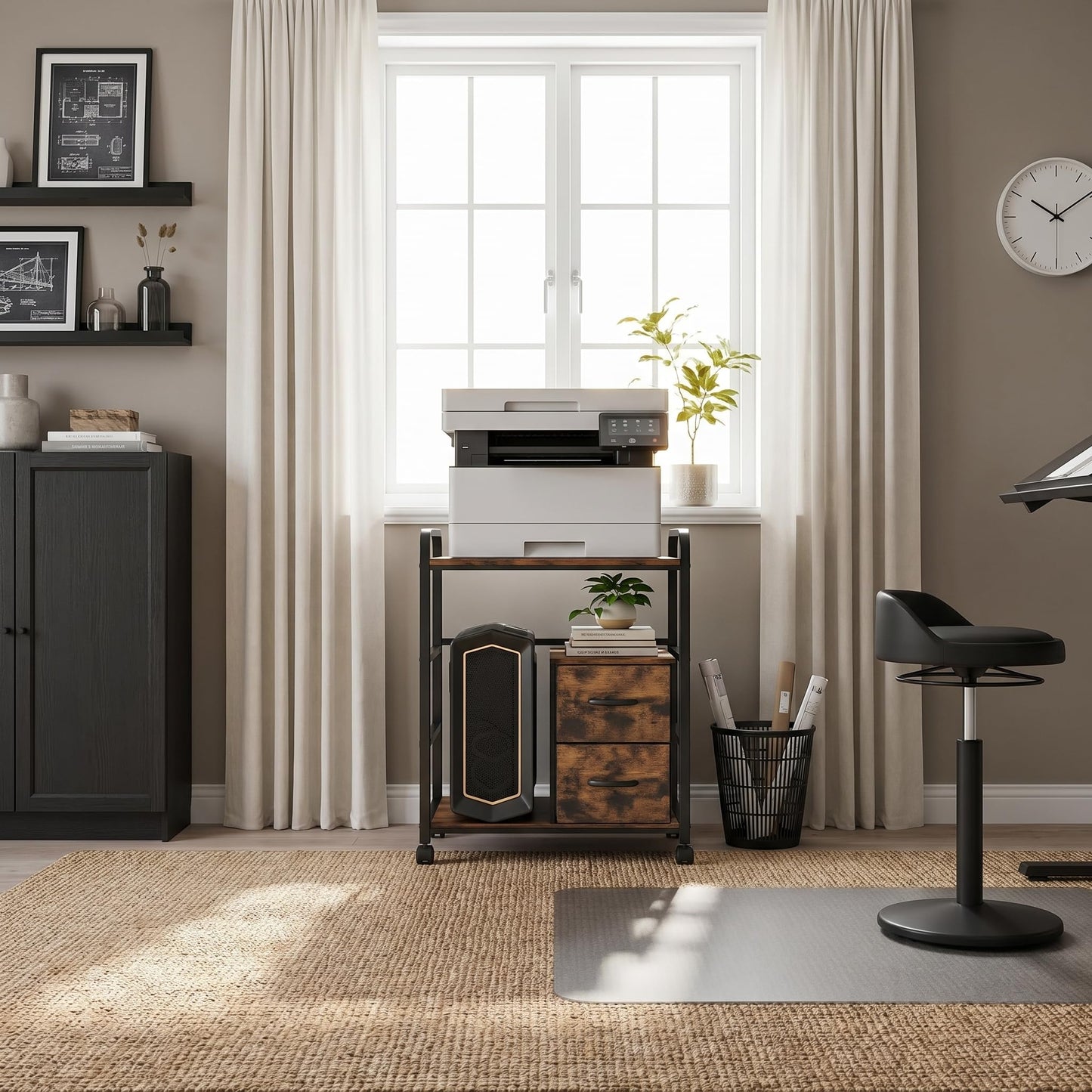 ZEXVIDA Printer Stand Featuring Fabric Drawers, Under Desk Host Computer Cabinet and Shredder Shelf, Heavy Duty Printer Stand with Storage Workstation Organization Printer Table for Home Office