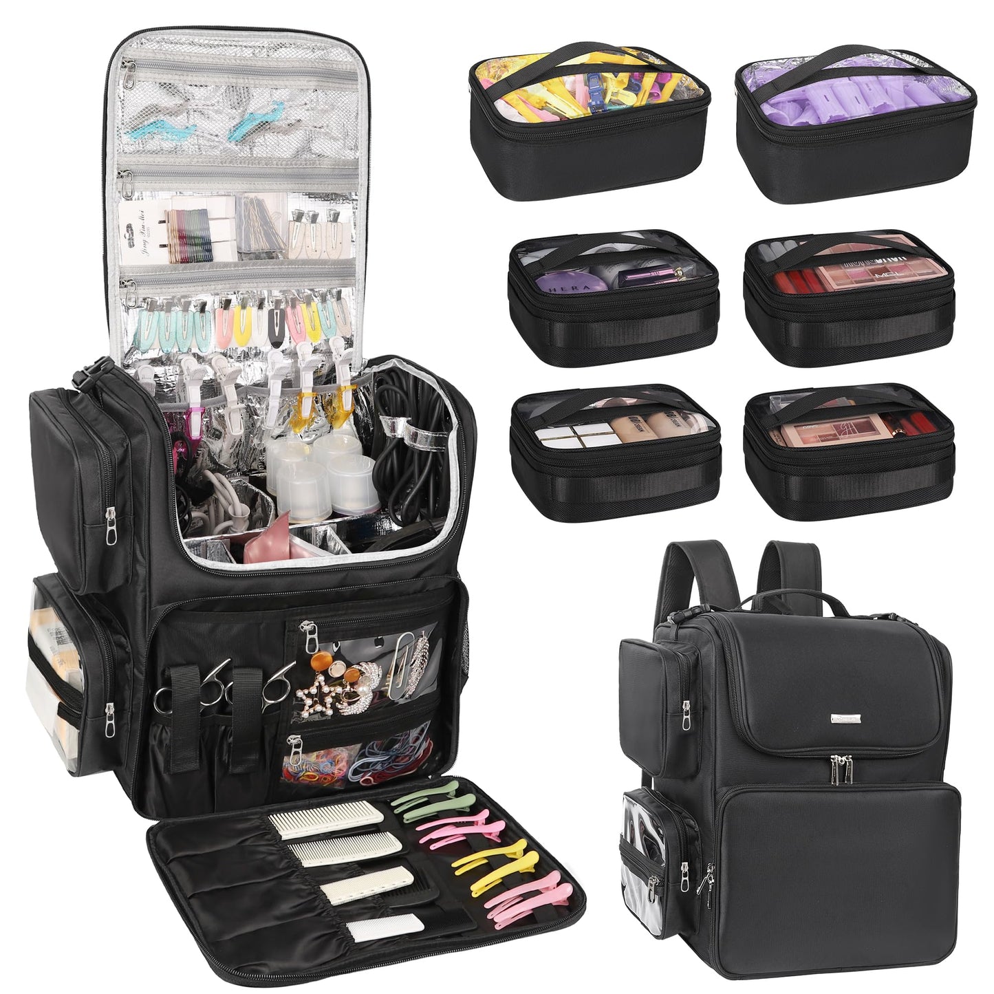 Relavel Hair Tools Travel Bag with 6 Pcs Clear Bags, Hair Stylist Backpack Hairdresser Cosmetology Bag, Heat Insulation Full Layer for Curling Iron, Hair Straightener, Travel Accessories Train Case