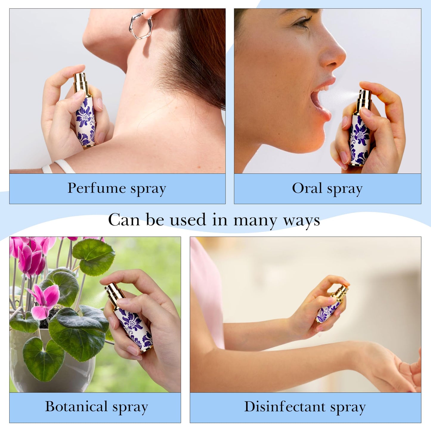 LUEXBOX Portable Perfume Bottle for Travel, Mini Refillable Perfume Dispenser, 5ml Faux Leather Leak Proof Perfume Atomizers, Blue and White Bottles Sprayer for Pocket Perfume (Blue flower)