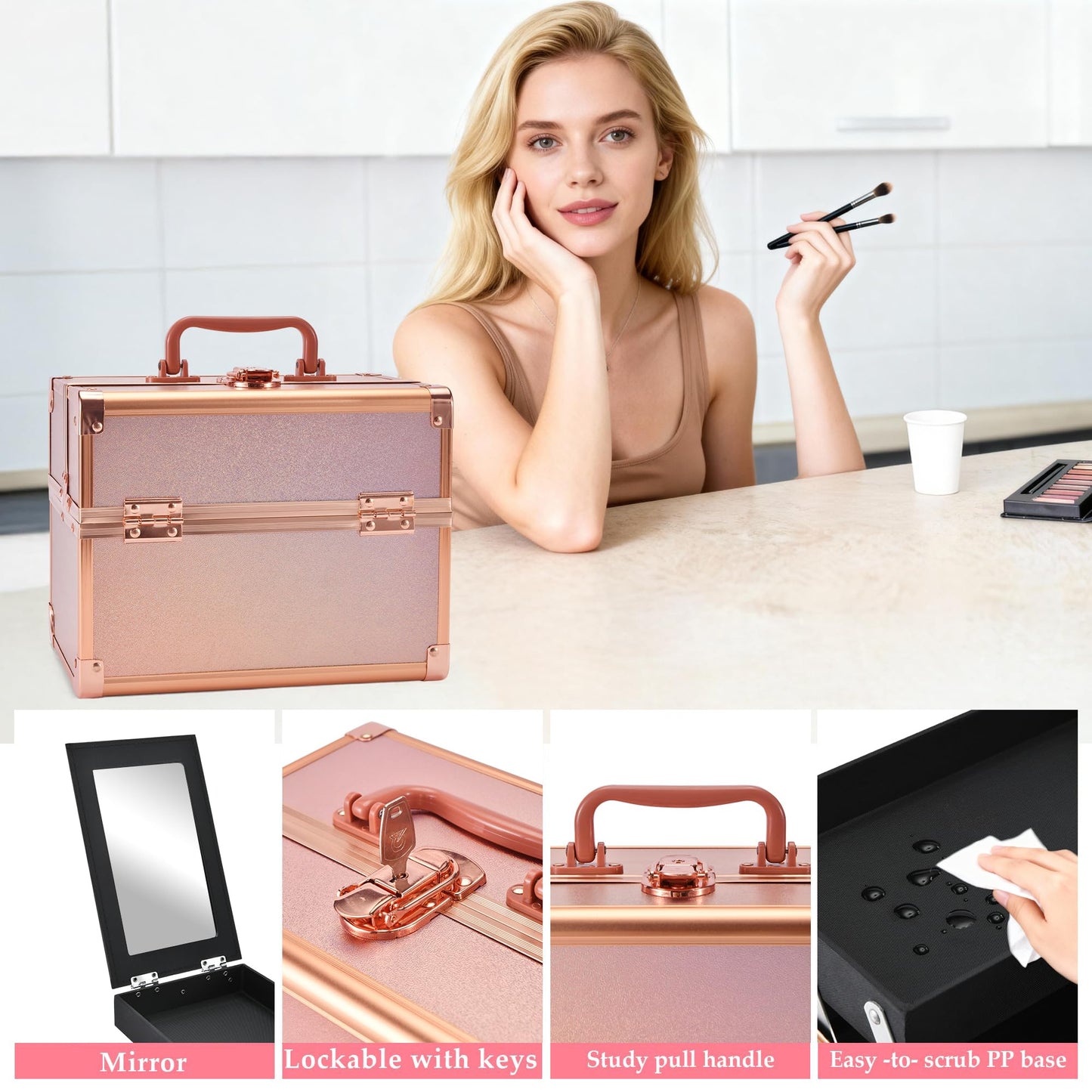 GALHUBIS Makeup Train Case, Portable Makeup Case with Mirror, 2-Trays Cosmetic Organizer Case,Nail Polish Organizer, Travel Makeup Box, Profesional for Salon Barber, Rose Gold
