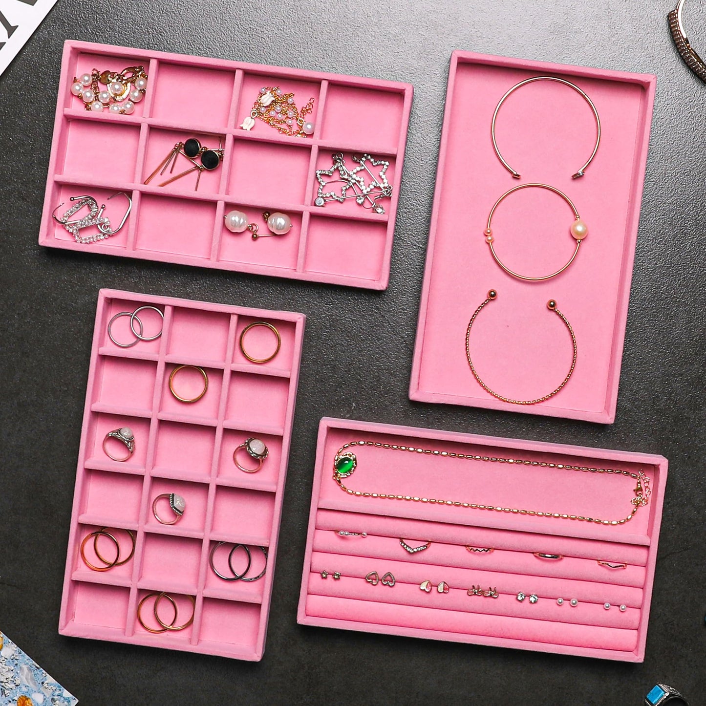 Frebeauty Jewelry Organizer Tray,Stackable Velvet Jewelry Trays,Drawer Inserts Earring Organizer For Women Jewelry Storage Display Case for Rings Stud Necklaces,Set of 4(Pink)