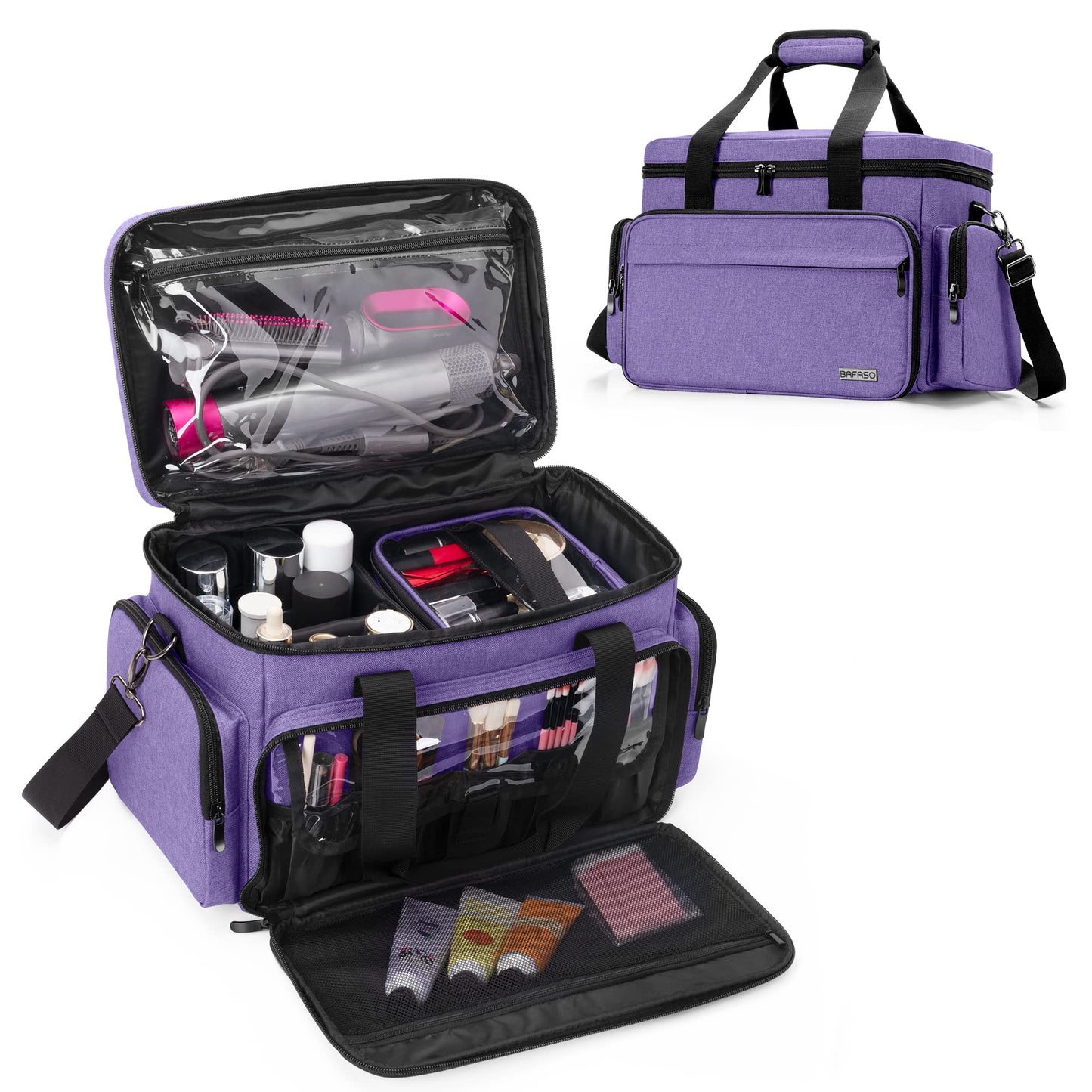 BAFASO Large Makeup Bag with 2 Removable Pouches and Detachable Dividers, Multifunctional Toiletry Bag Cosmetic Bag to Keep Makeup and Hair Supplies (Patent Pending), Purple