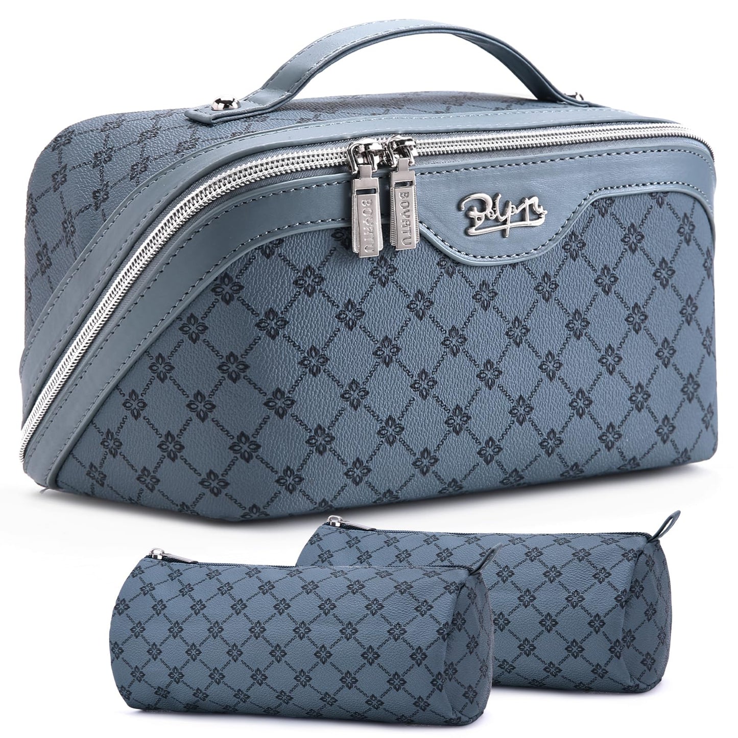 BOYATU Travel Makeup Bag Cosmetic Bags for Women: 3 Pcs Set Large Capacity Make up Bag with Handle - Vegan Leather Toiletry Bags with Compartments - Makeup Organizer for Travel Essentials(A-4-Blue)