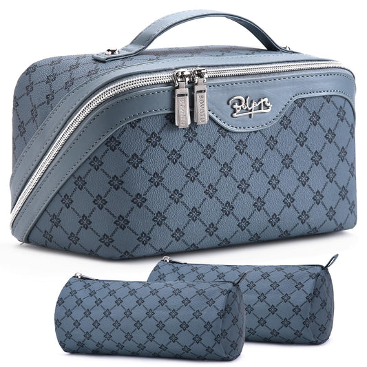 BOYATU Travel Makeup Bag Cosmetic Bags for Women: 3 Pcs Set Large Capacity Make up Bag with Handle - Vegan Leather Toiletry Bags with Compartments - Makeup Organizer for Travel Essentials(A-4-Blue)