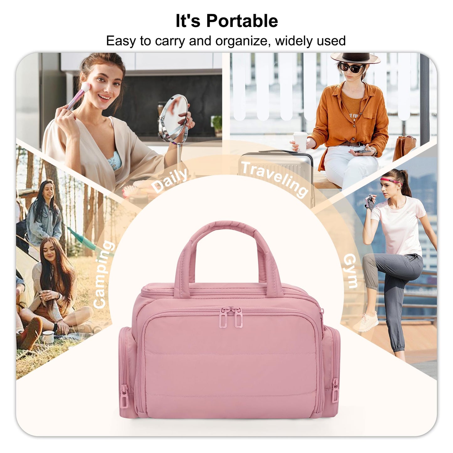 WGEAR Travel Cosmetic Bag for Women, Lightweight Wide-open Makeup Travel Bags for Toiletries with 2 Removable Dividers, Large Makeup Organizer with Brushes Board, Multi Pockets for Gym, Daily, Pink