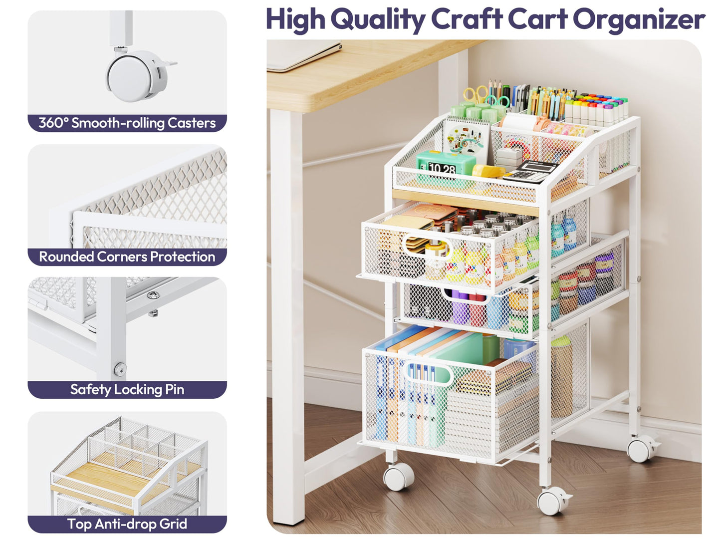 SWTYMIKI Rolling Utility Cart with Drawers - Under Desk Storage Cart with DIY Divider & Lockable Wheels, Multi-Functional Craft Art Supply Organizer for Office, Vanity, Craft Room & Studio White