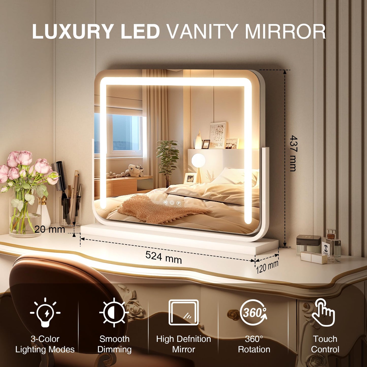 MICLIONLED Vanity Mirror with Lights 21"×15.7" LED Makeup Mirror,Dimmable Smart Touch Control Mirror with Lights for Bedroom Tabletop, 360° Rotation,Vanity Mirror Square White