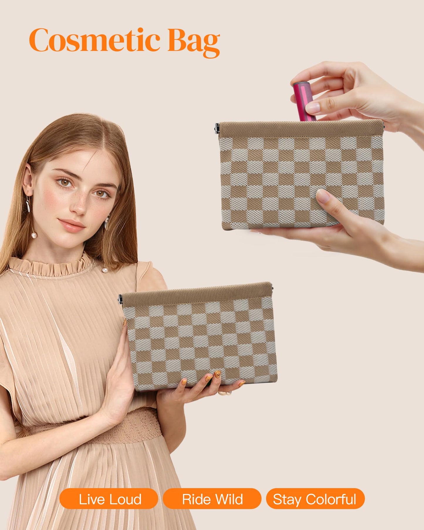 bohunono Small Makeup Bag for Purse,Cute Travel Makeup Pouch, Perfect Cosmetic & Toiletry Bag for Women, Lipstick Case & Brush Holder, Mini Vanity Organizer(LA_Light Brown-Beige)
