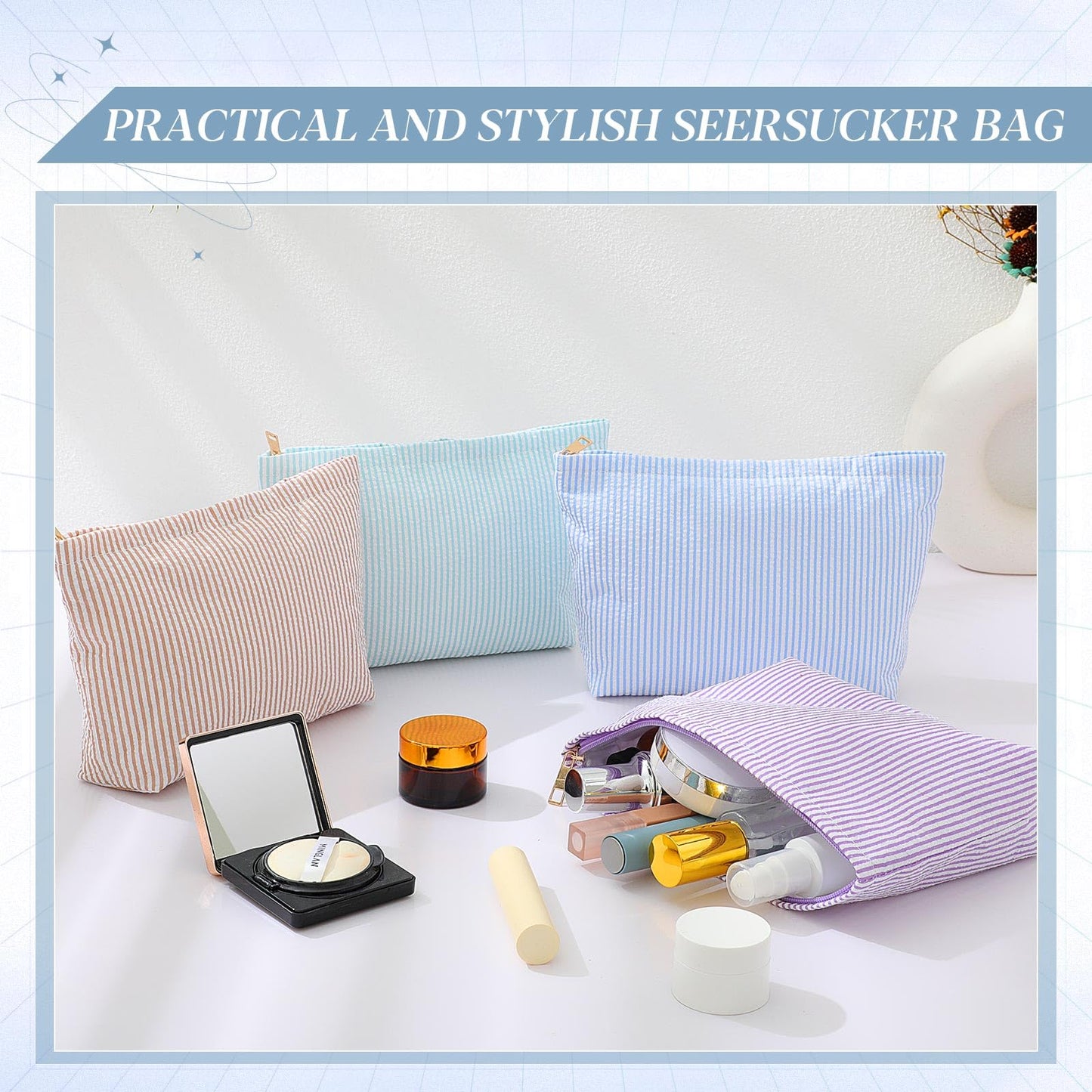 Sanwuta 4 Pcs Seersucker Makeup Bag for Women Stripe Cosmetic Bag Travel Toiletry Organizer Preppy Storage Pouch Valentines Galentines Gifts for Wedding Bridesmaid Mom(Blue, Khaki, Purple, Lake Blue)