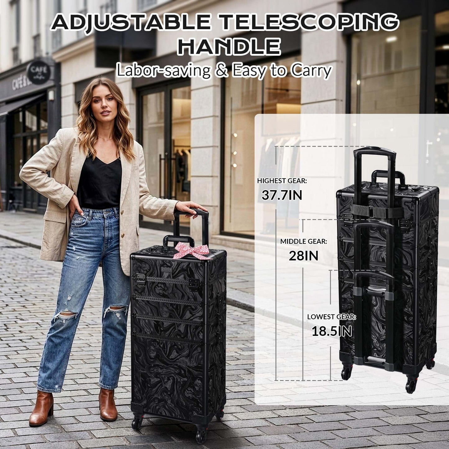 BYOOTIQUE 4in1 Rolling Makeup Case with 2 Foldable Makeup Brush Bags, Professional Cosmetic Train Case for Makeup Artist, Travel & Beauty Salon