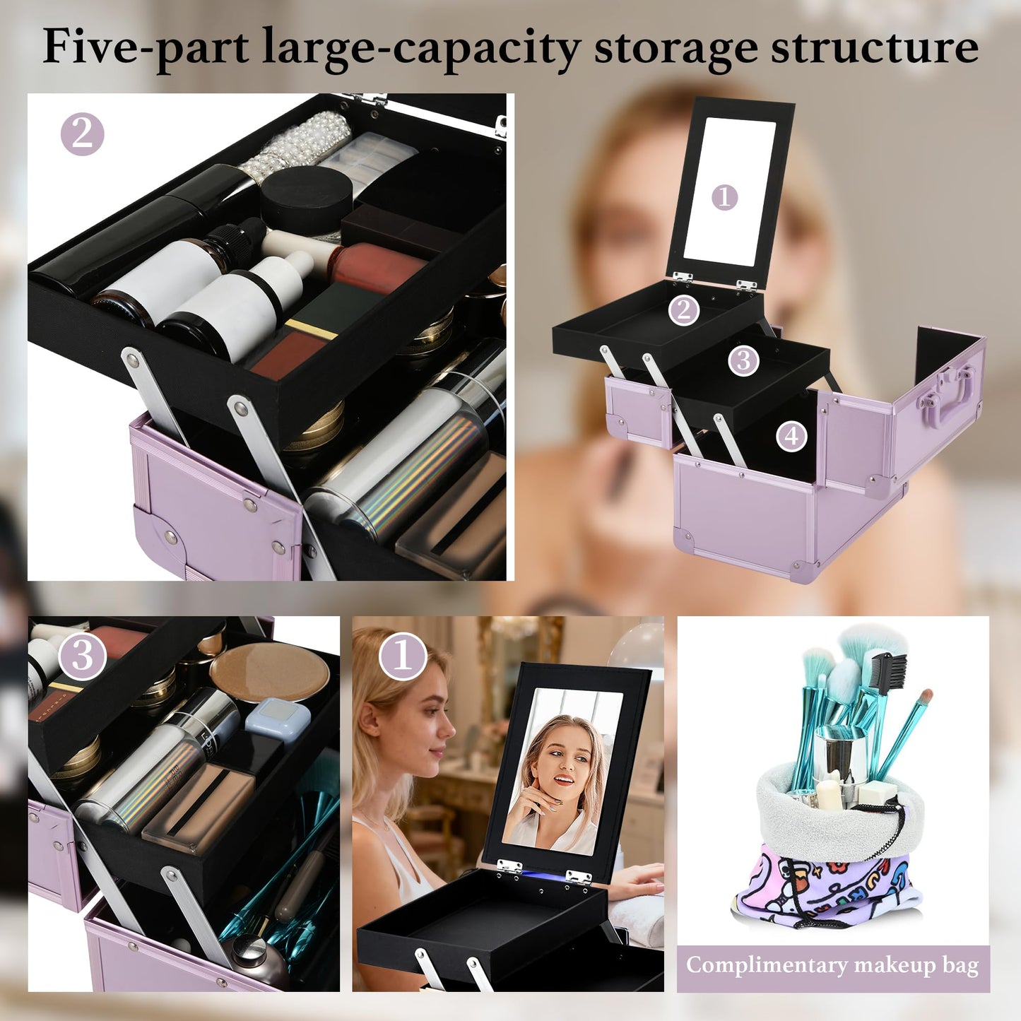 GALHUBIS Makeup Train Case, Portable Makeup Case with Mirror, 2-Trays Cosmetic Organizer Case,Nail Polish Organizer, Travel Makeup Box, Profesional for Salon Barber, Purple