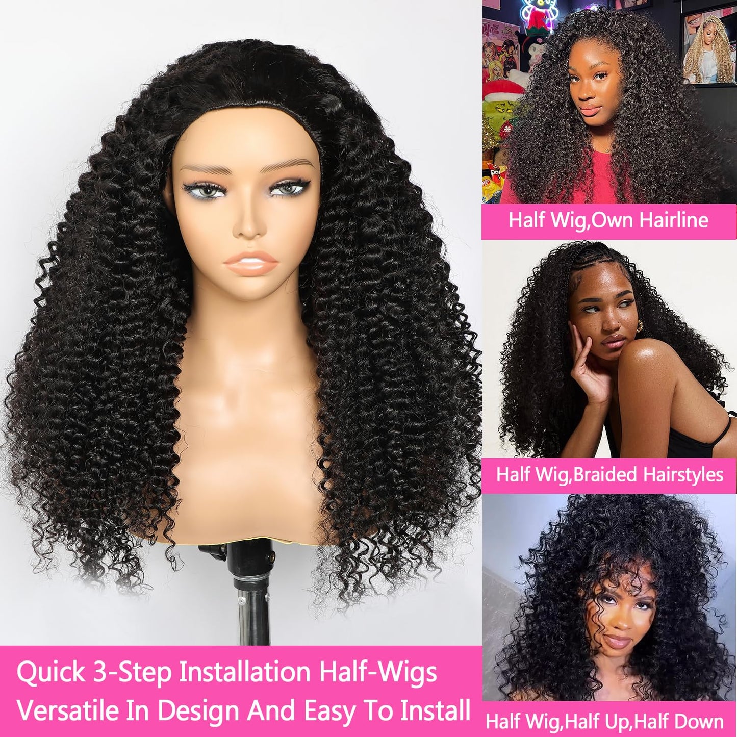 Lemoda Burmese Curly Half Wig Human Hair No Lace Glueless Wigs Human Hair 22 Inch Upgrade 3 IN 1 Kinky Curly Half Wig With Drawstring Seamless Flip Headband Wigs Tight Curls 180% Density