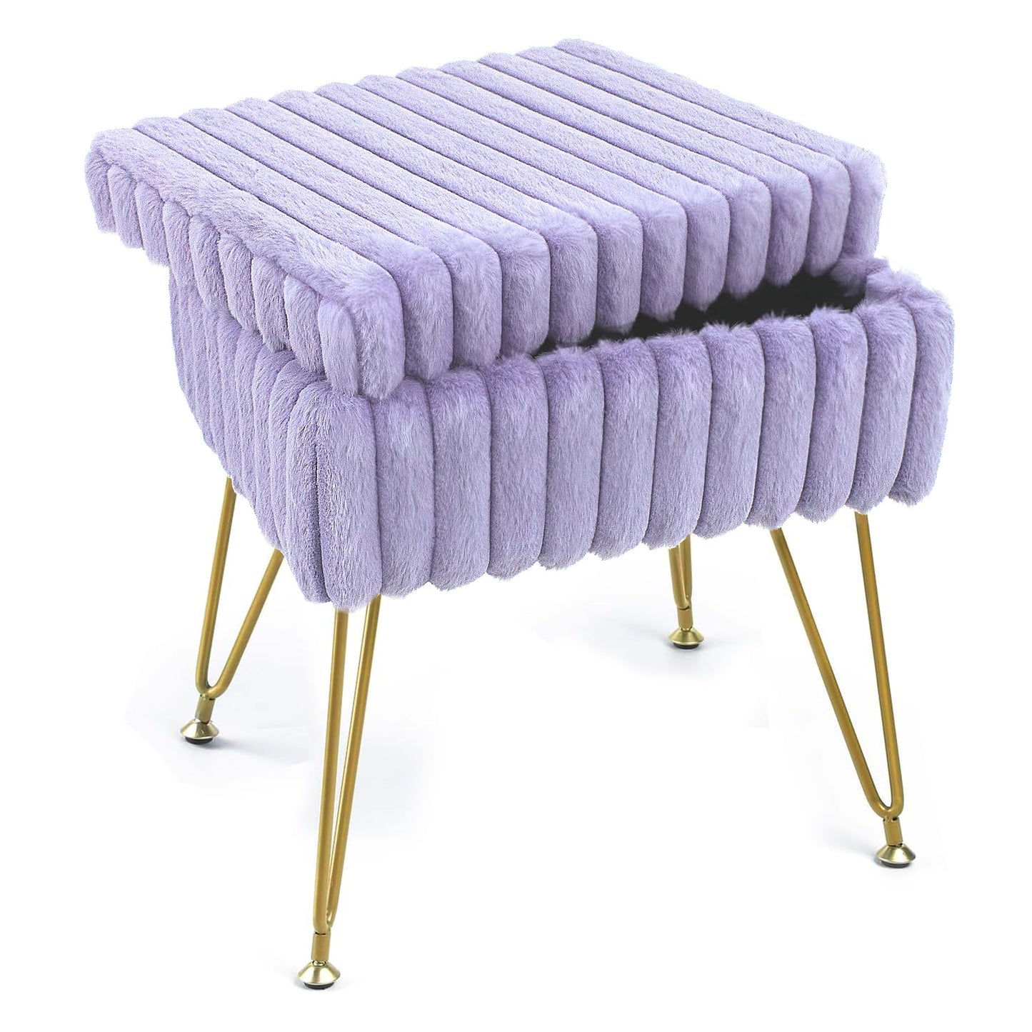 xupersodys Vanity Stool Chair with Storage, Faux Fur Soft Padded Ottoman with Coffee Table, Modern Vanity Chair Fluffy Footstool with Metal Legs for Makeup, Living Room,Bedroom Purple