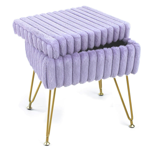 xupersodys Vanity Stool Chair with Storage, Faux Fur Soft Padded Ottoman with Coffee Table, Modern Vanity Chair Fluffy Footstool with Metal Legs for Makeup, Living Room,Bedroom Purple