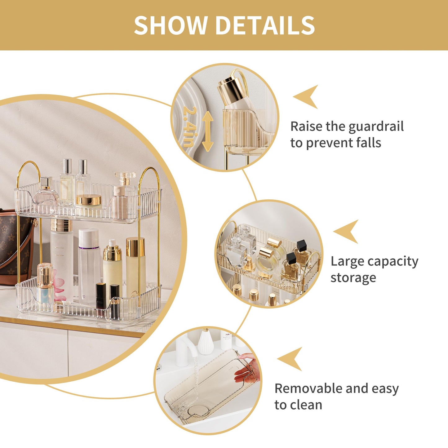 YCIA&DONE Bathroom Organizer Countertop, Makeup Storage, Skincare Cosmetic Tray Shelf, Perfume Holder Rack for Vanity Counter, Large Capacity, Easy to Install, Clean, 2 Tiers, Clear White