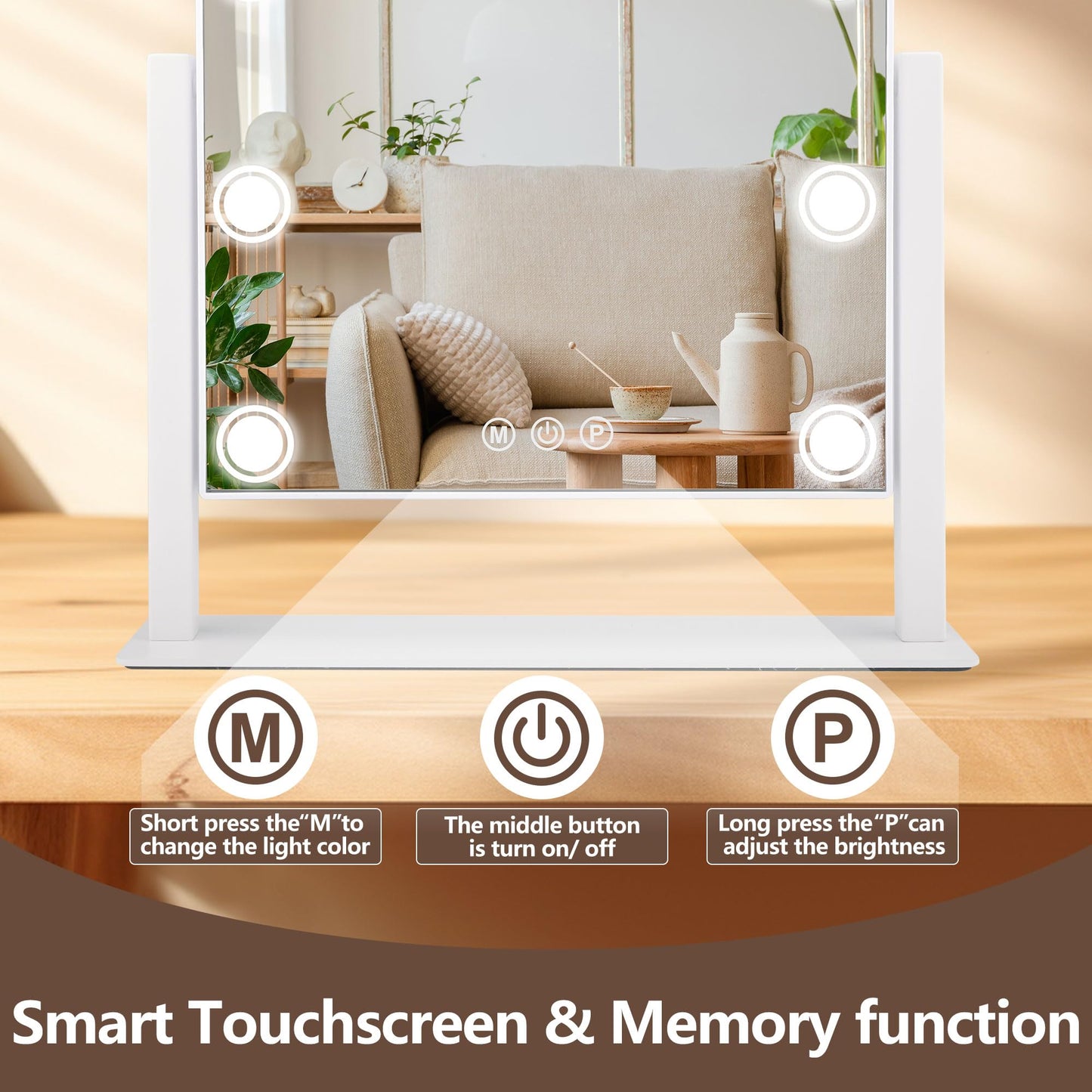 SLIMOON Lighted Makeup Mirror, Hollywood Vanity Mirror with 9 LED Bulbs, 3 Color Lights, and Detachable 10X Magnification Mirror, 1200mAh Rechargeable, Touch Control, 360°Rotation, White 14.05" * 12"