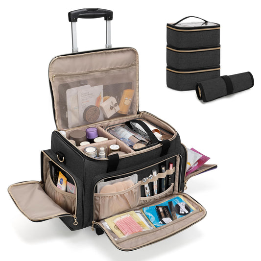 LUXJA Rolling Makeup Case with 3 Removable Pouches and 1 Makeup Brush Bag, Large Makeup Bag Cosmetic Bag with Detachable Dolly (Patented), Black