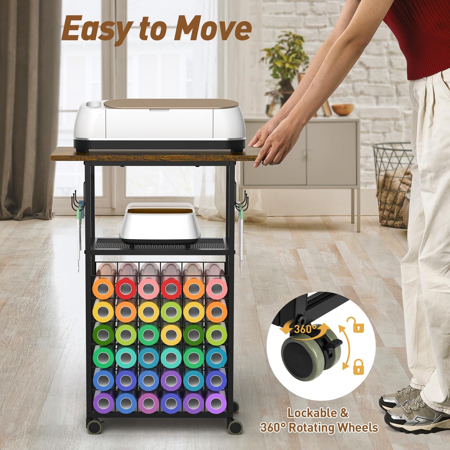 ikkle Rolling Craft Storage Cart with 36 Vinyl Roll Holders, Craft Organizers and Storage Compatible with Cricut Machines, Crafting Table Organization Workstation with Wheels for Craft Room