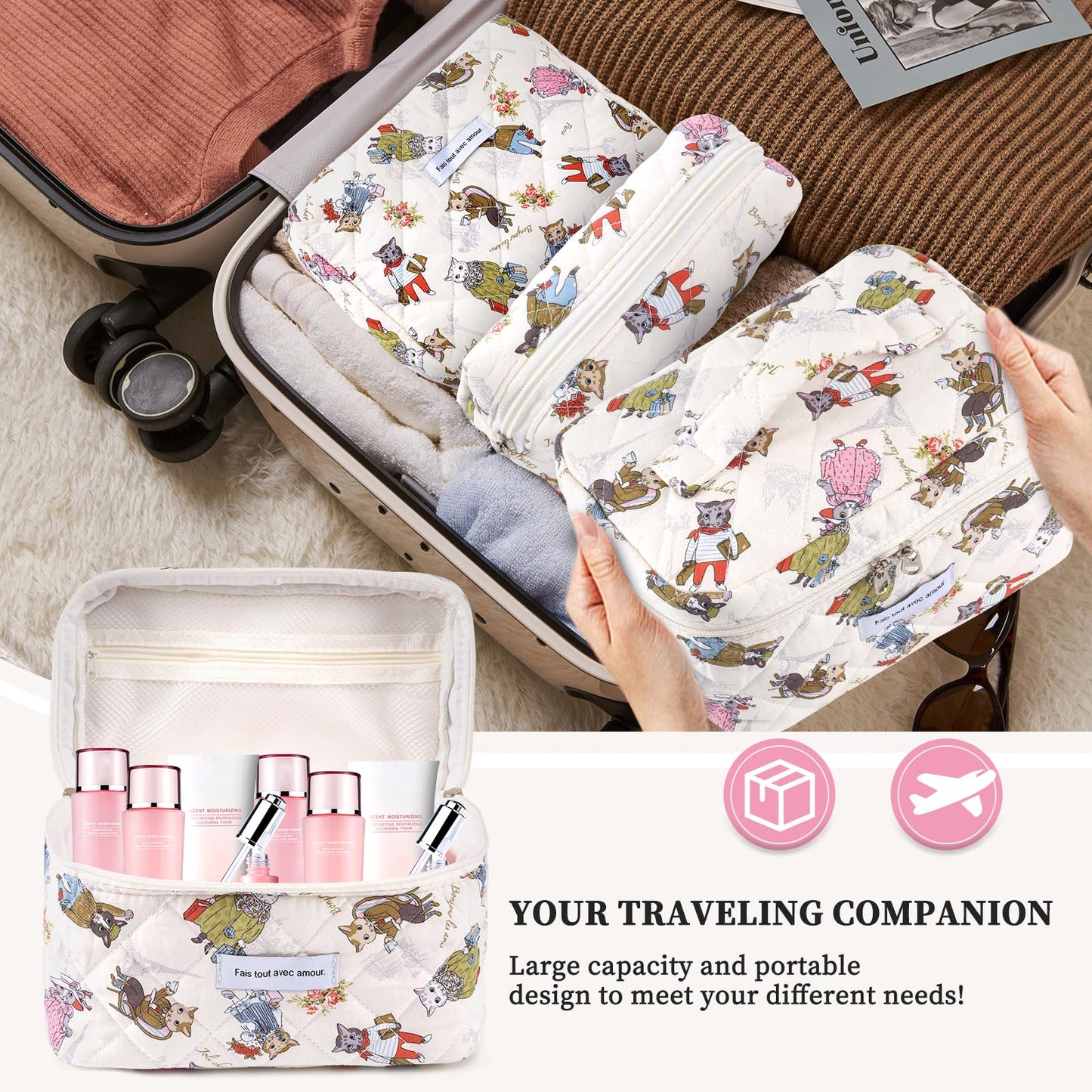 YINGJEE Large Quilted Makeup Bag for Women and Girls, Cute Coquette Floral Cotton Cosmetic Bag, Aesthetic Travel Organized Toiletry Bags (08-colorful cats)