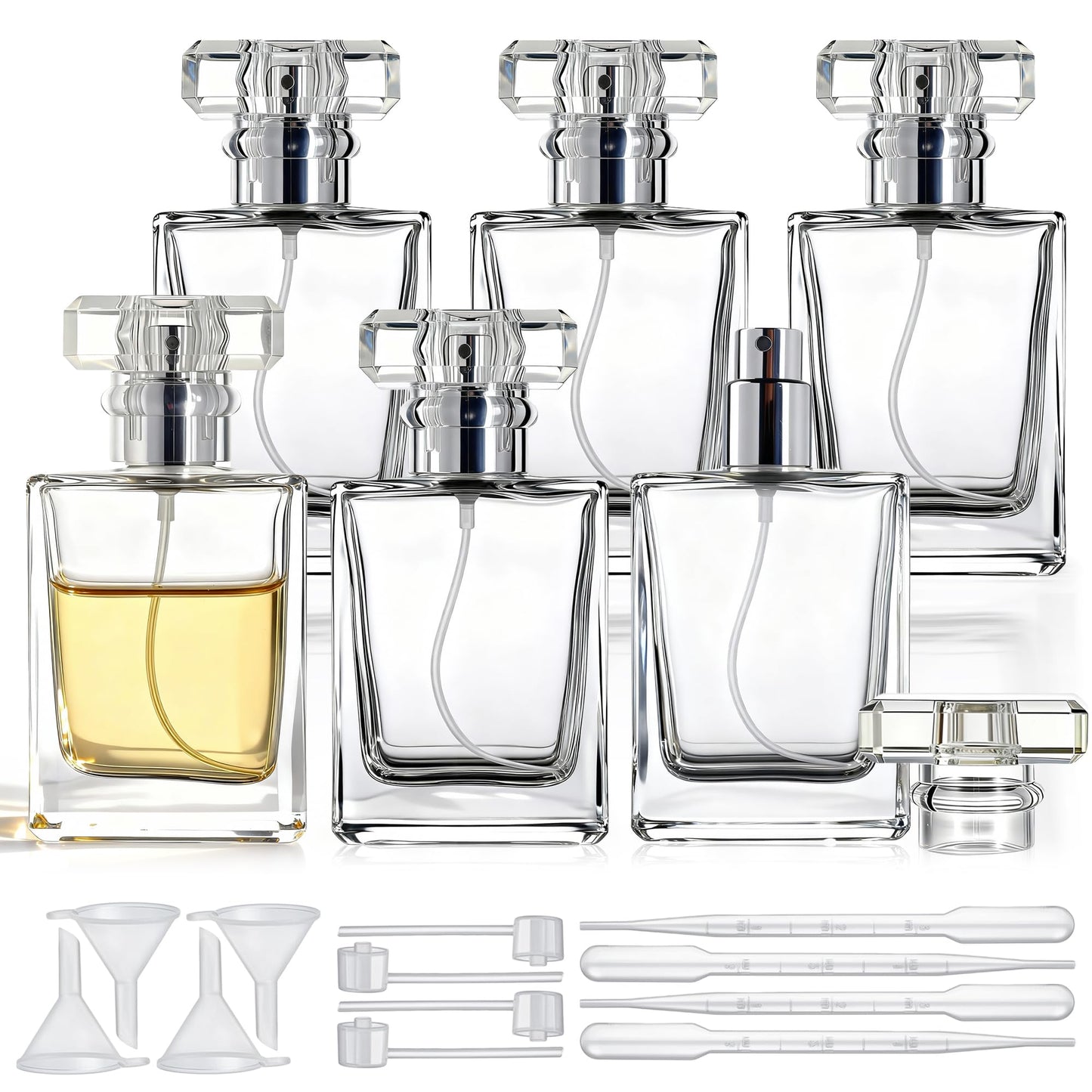 YU FENG Glass Perfume Spray Bottle Set, Refillable Fine Mist Atomizer for Fragrance, Daily Use & Organization – Square Glass, Silver Cap, 50ML, 6 Pack